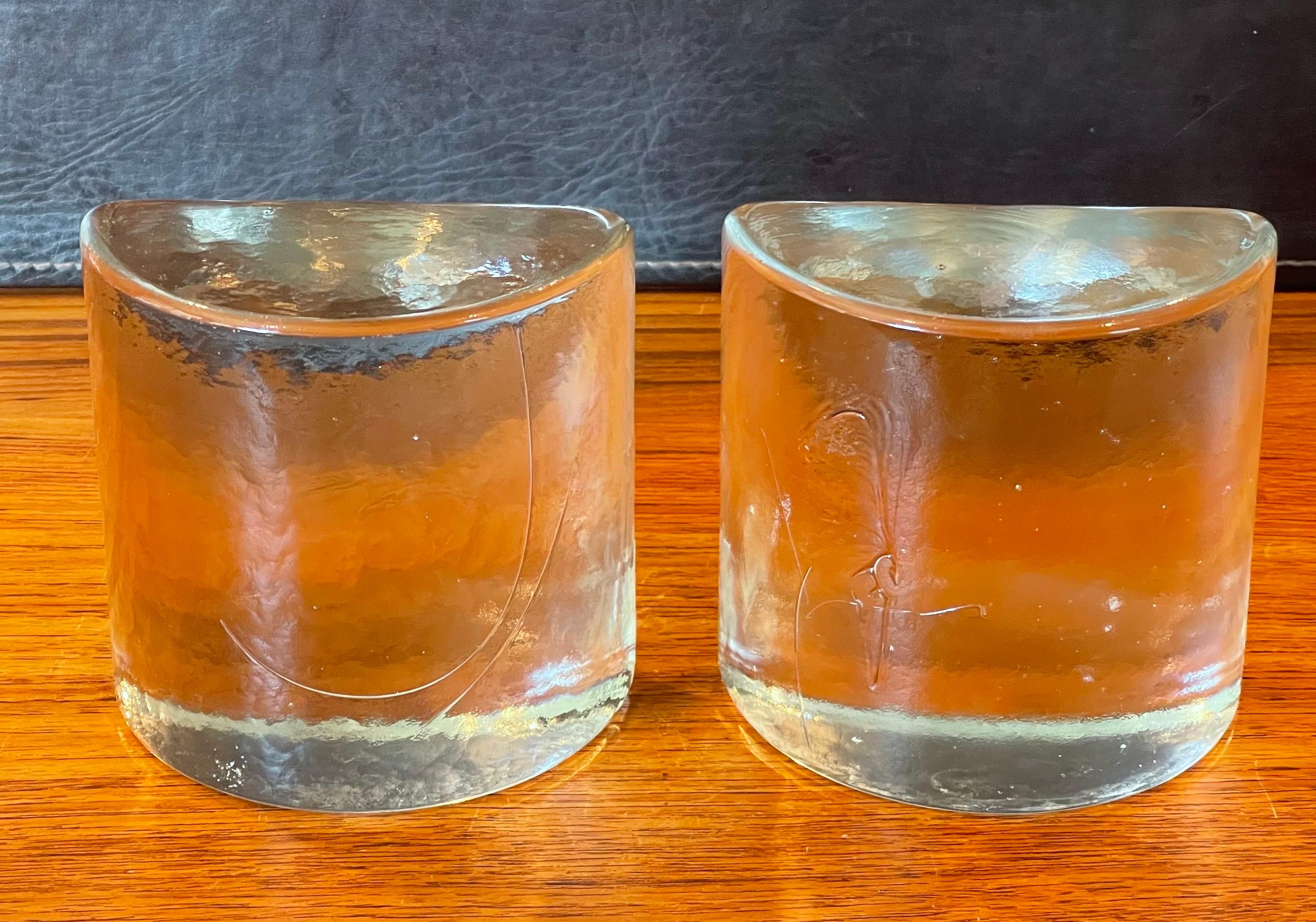 Mid-Century Modern Pair of Clear Glass Half Moon Glass Bookends by Wayne Husted for Blenko For Sale