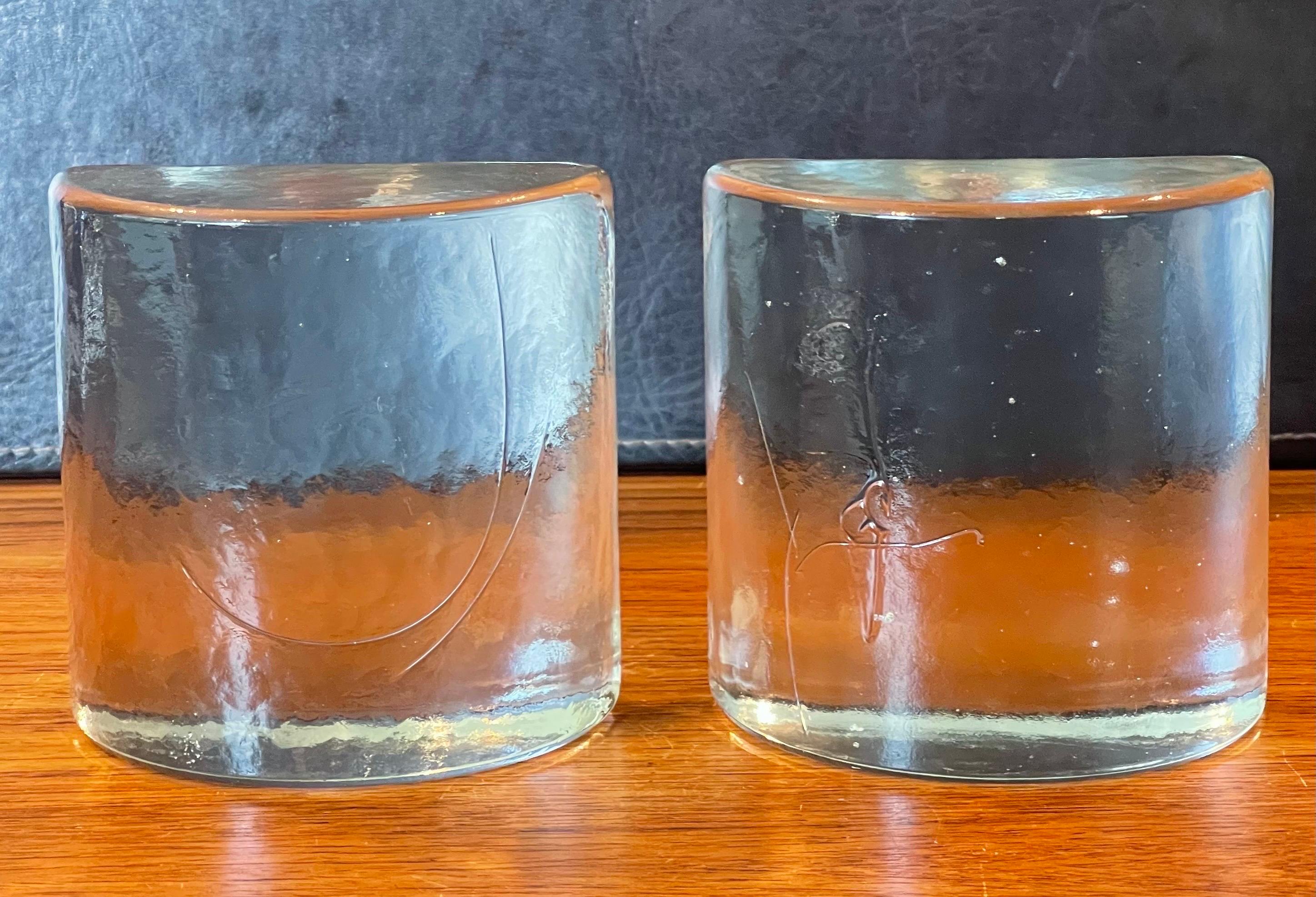 Pair of Clear Glass Half Moon Glass Bookends by Wayne Husted for Blenko In Good Condition For Sale In San Diego, CA