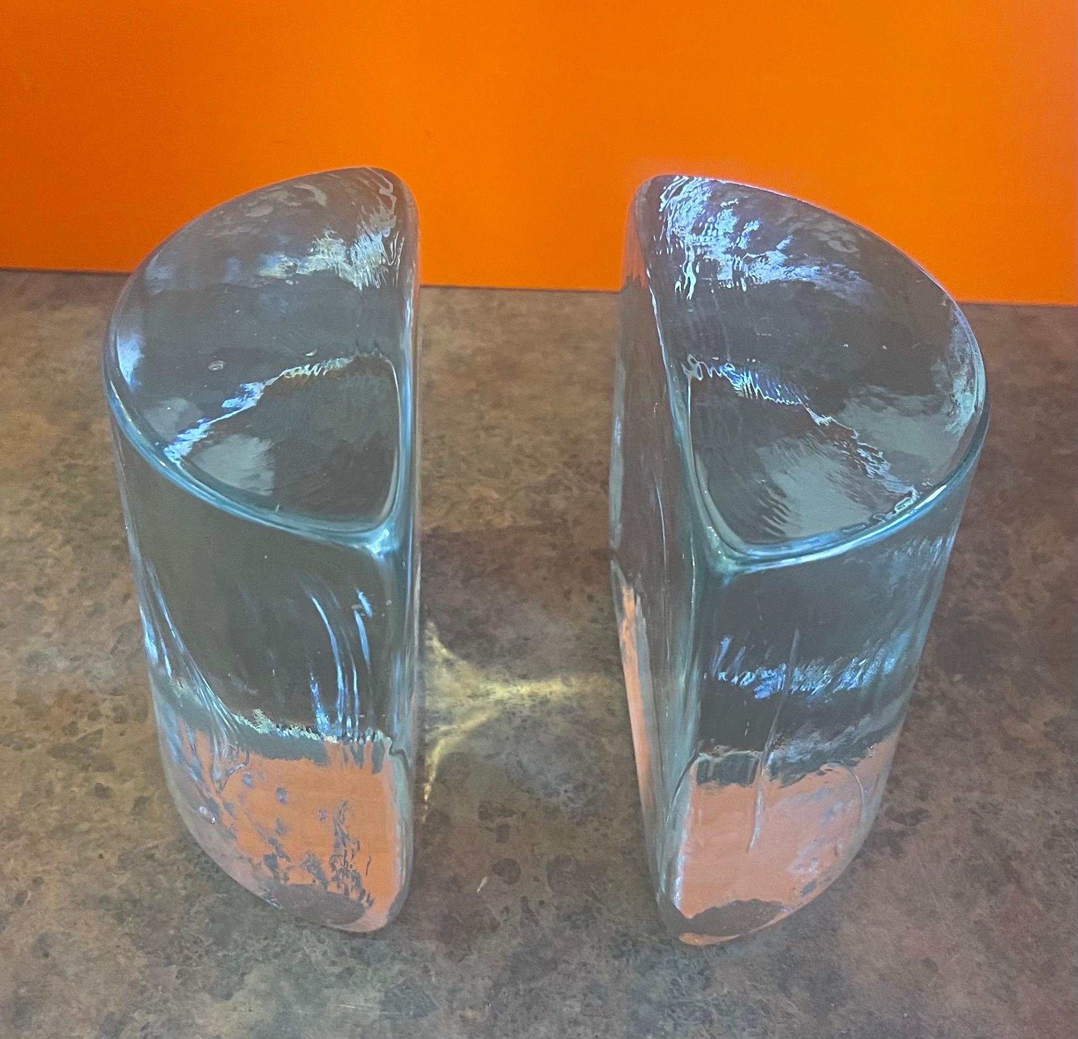 American Pair of Clear Glass Half Moon Glass Bookends by Wayne Husted for Blenko For Sale