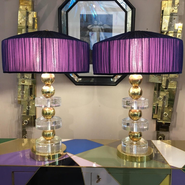 Pair Of Clear Glass Murano Lamps And Brass Double Colored Mid Century Modern Pair Of Clear Glass Murano Lamps And Brass Double Colored Lampshades