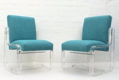 Pair of Clear Lucite and Blue Fabric Lounge Chairs by Carmichaels Designes