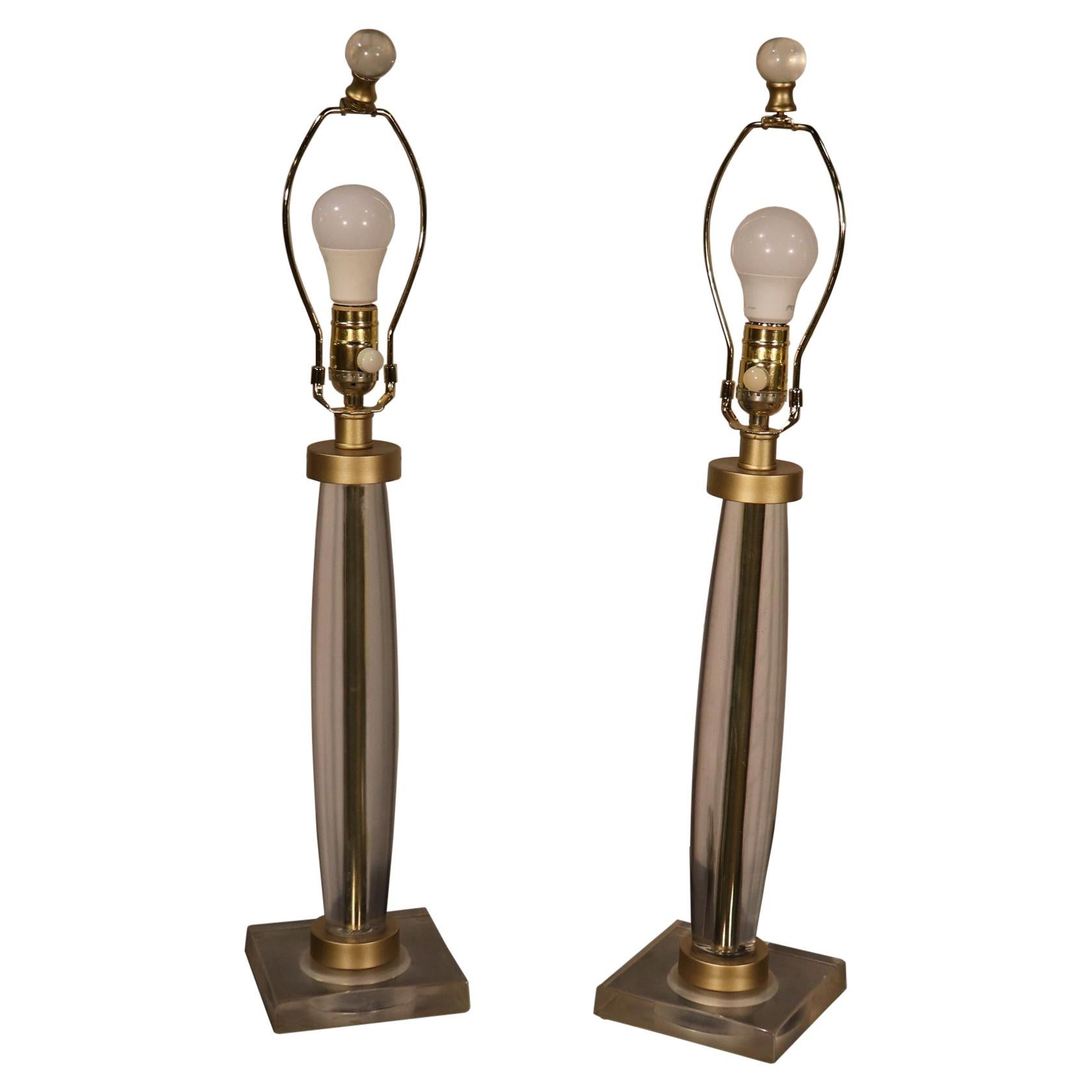 Pair of Clear Lucite or Glass Table Lamps For Sale