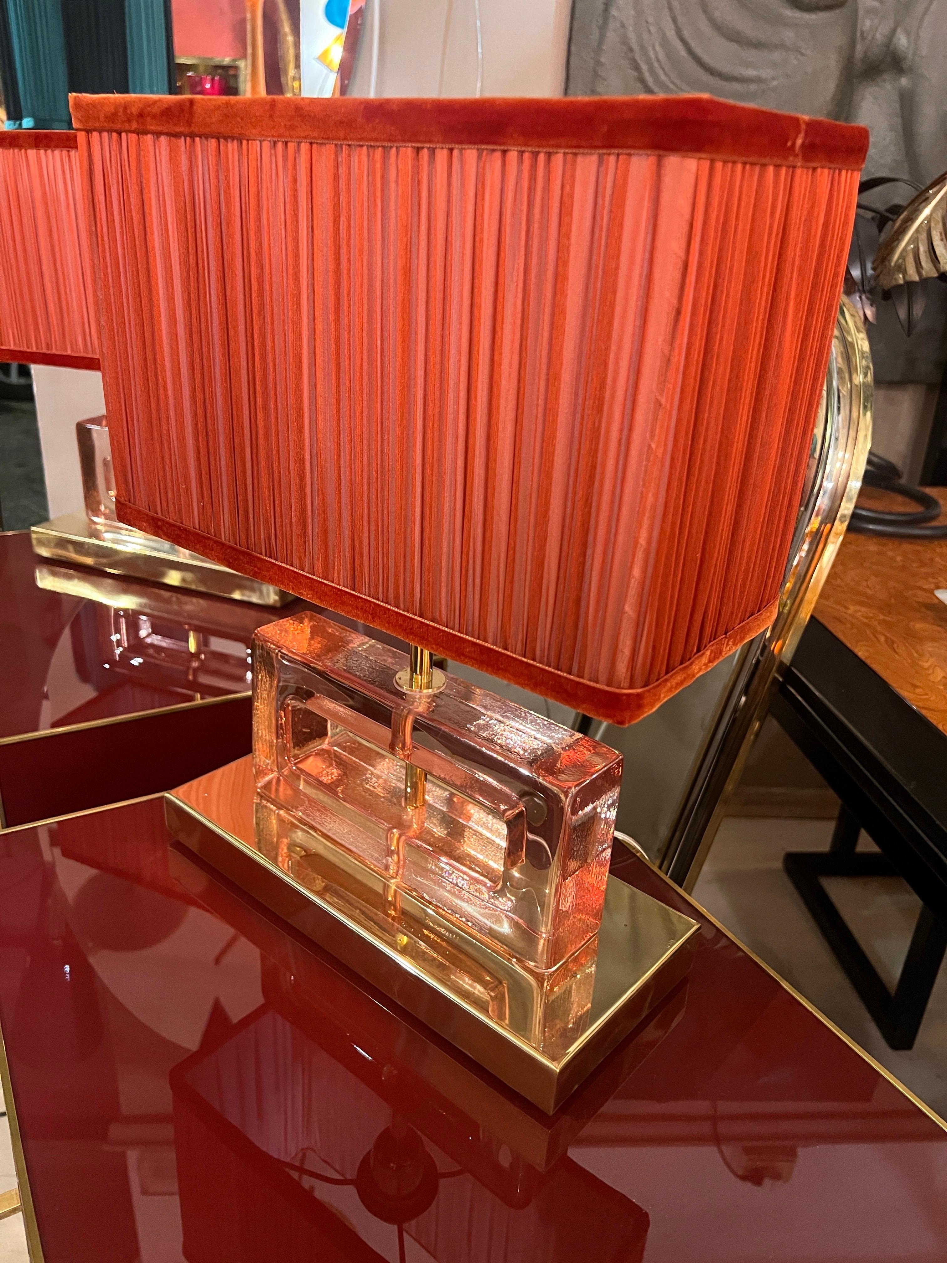 Pareja de Lámparas de Bloque de Cristal de Murano Transparente Efecto Hielo Rosa con nuestras Pantallas en venta 3