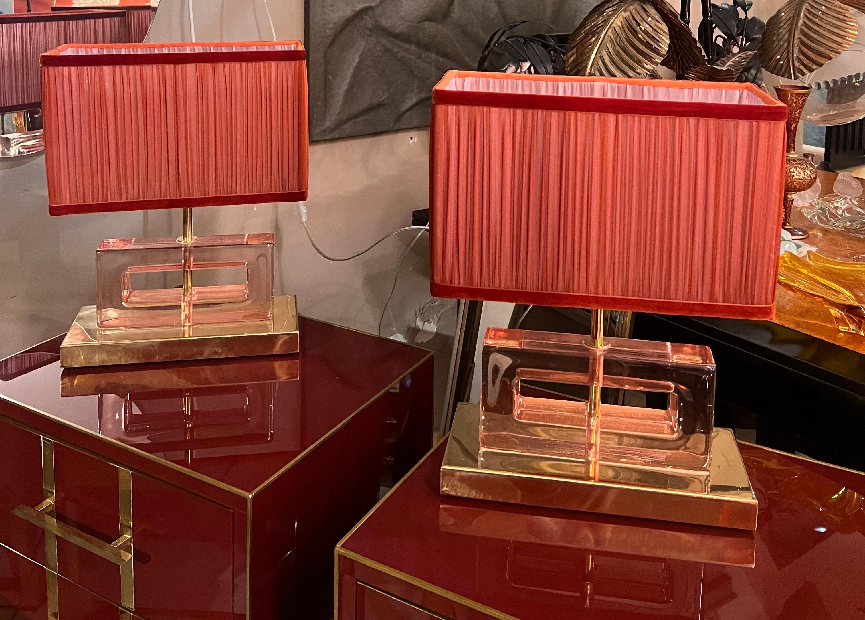 Pareja de Lámparas de Bloque de Cristal de Murano Transparente Efecto Hielo Rosa con nuestras Pantallas en venta 5