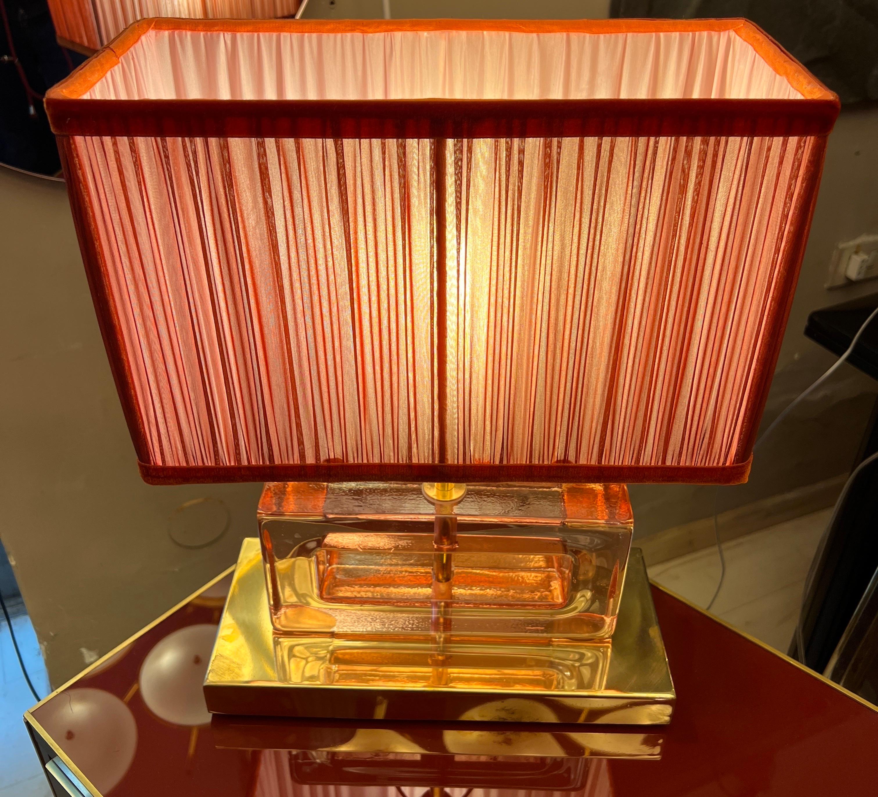 Pareja de Lámparas de Bloque de Cristal de Murano Transparente Efecto Hielo Rosa con nuestras Pantallas en venta 9