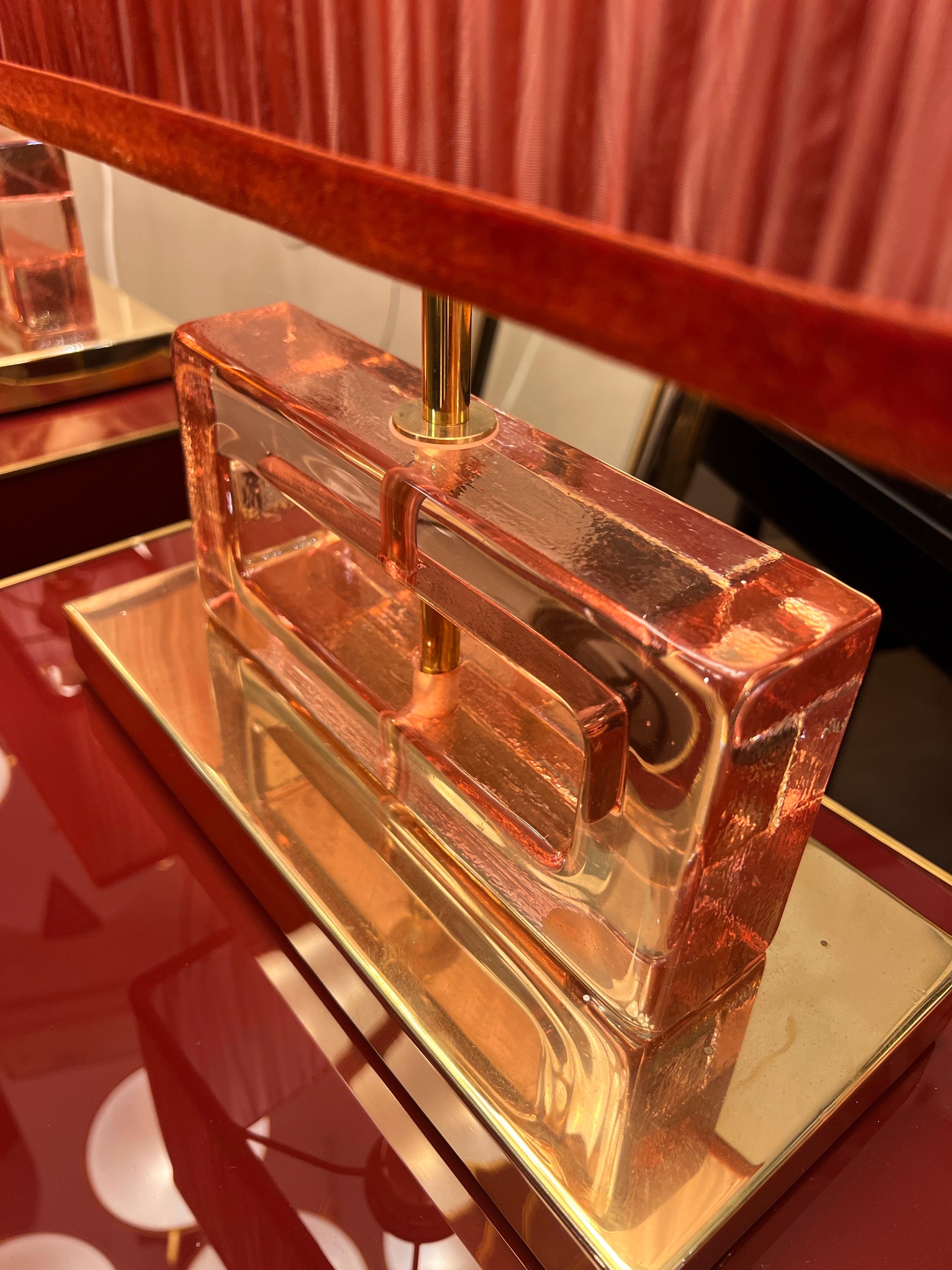 Pareja de Lámparas de Bloque de Cristal de Murano Transparente Efecto Hielo Rosa con nuestras Pantallas en venta 1