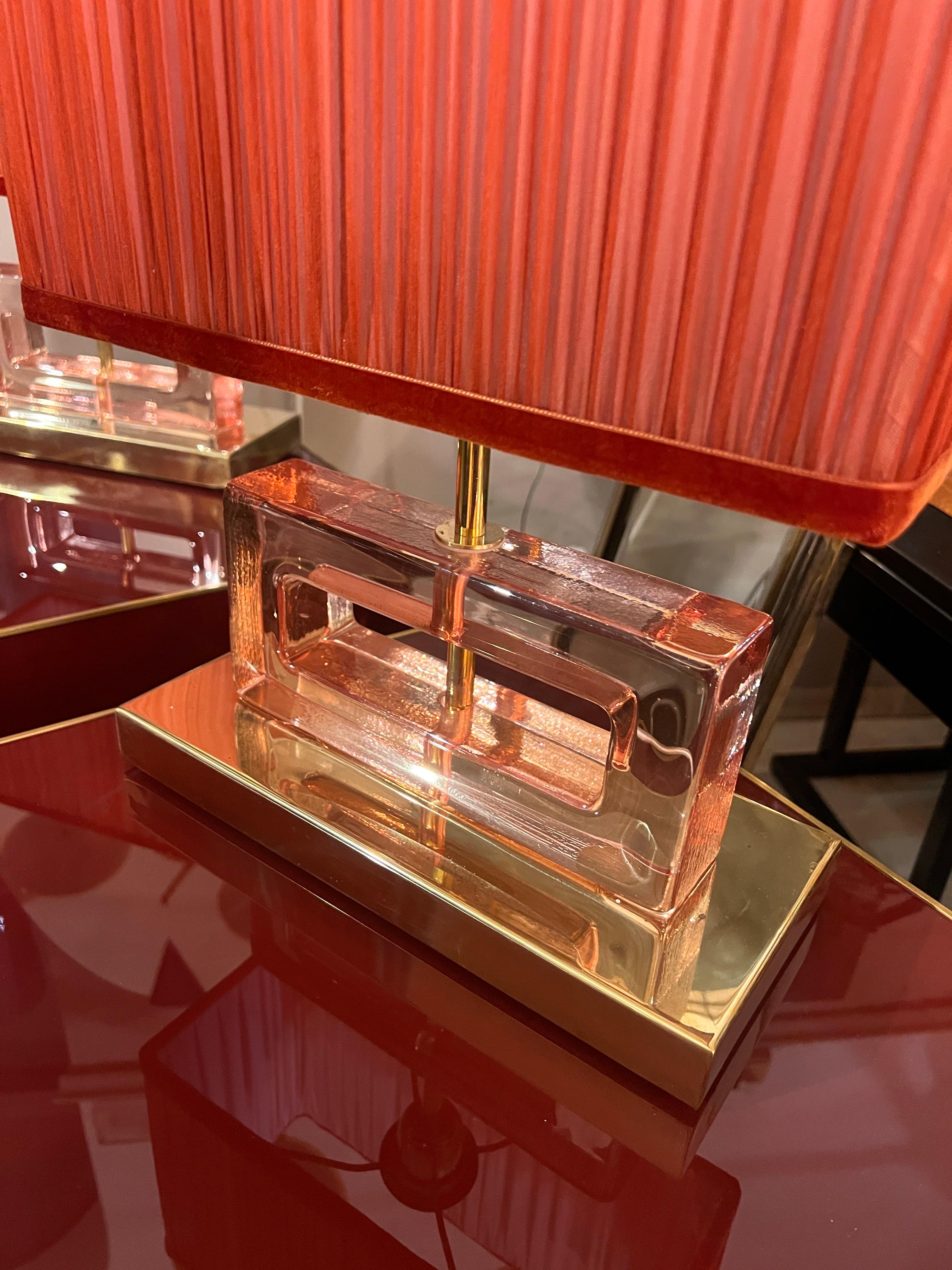 Pareja de Lámparas de Bloque de Cristal de Murano Transparente Efecto Hielo Rosa con nuestras Pantallas en venta 2