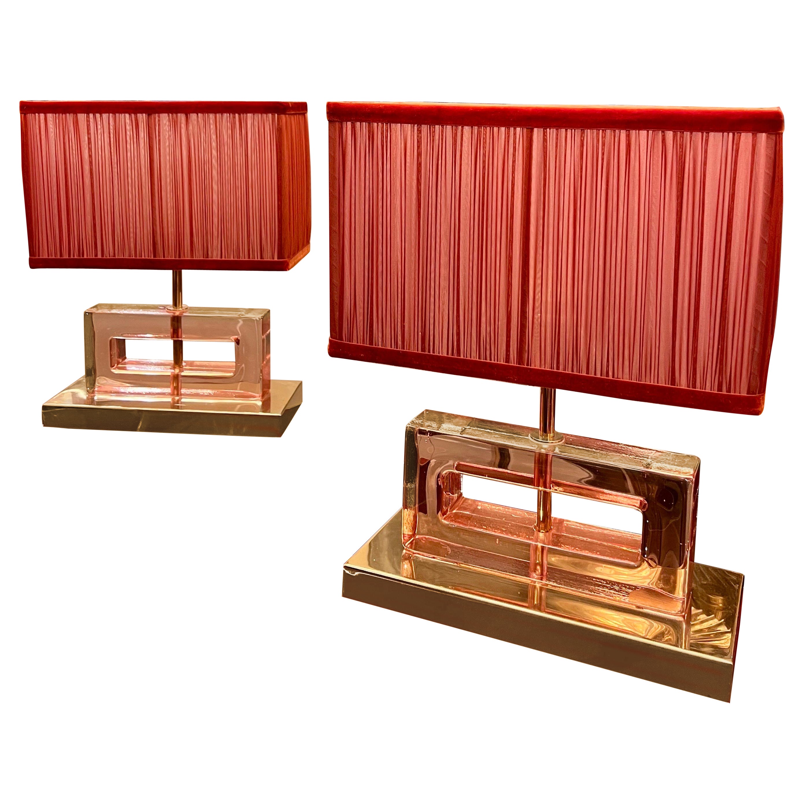 Pareja de Lámparas de Bloque de Cristal de Murano Transparente Efecto Hielo Rosa con nuestras Pantallas