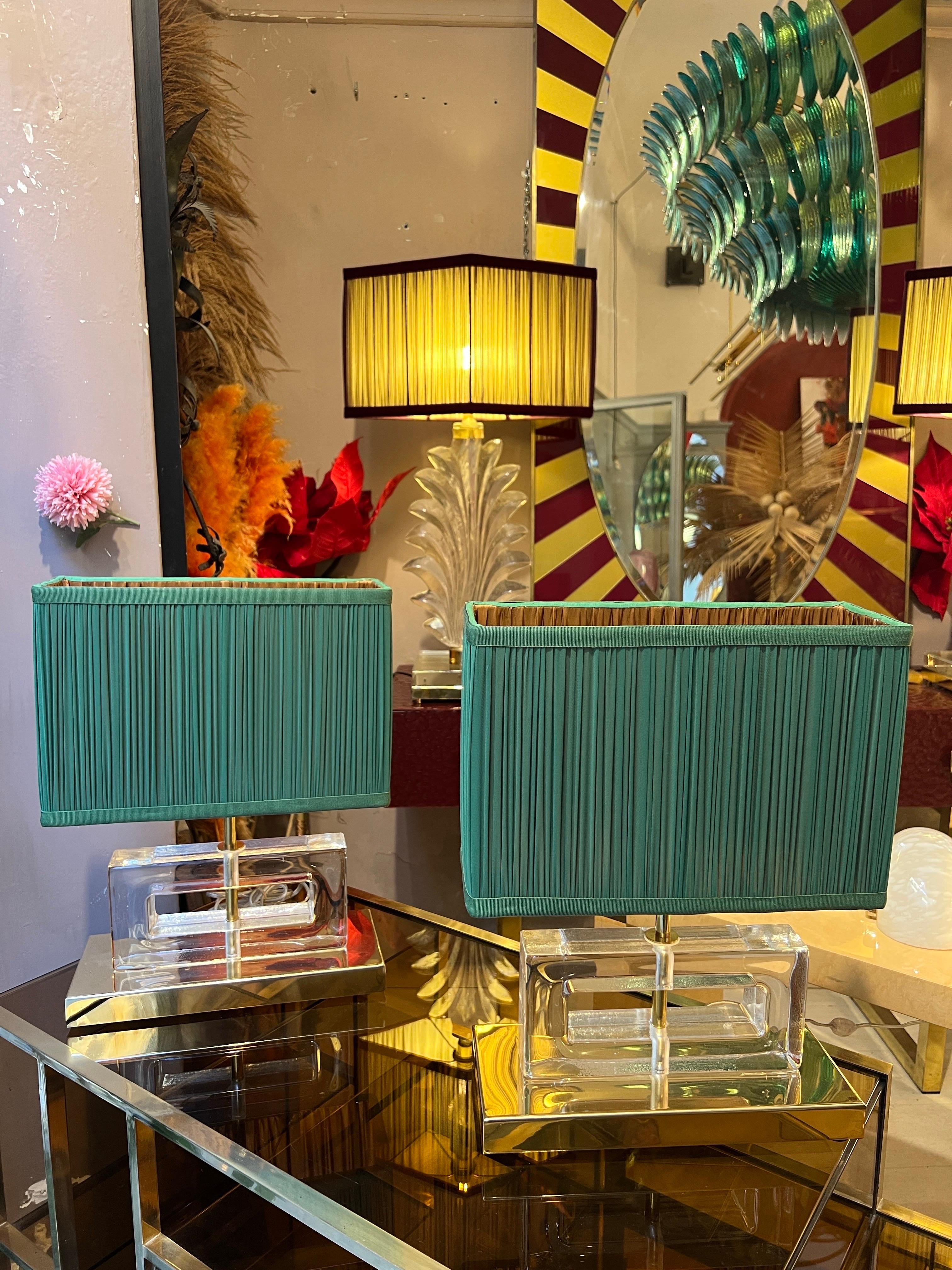 Pair of Clear Murano Glass Blocks Lamps with Our Green Lampshades, 1970s For Sale 3