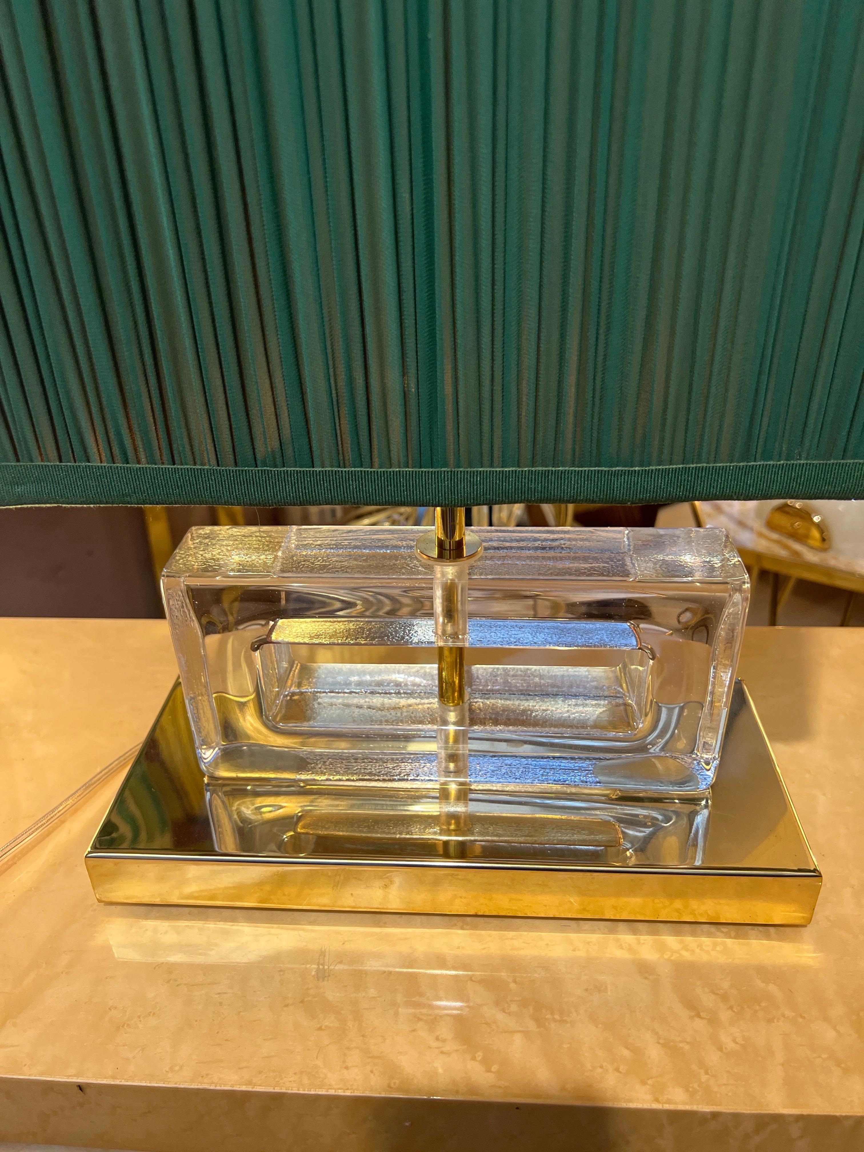 Pair of Clear Murano Glass Blocks Lamps with Our Green Lampshades, 1970s For Sale 4
