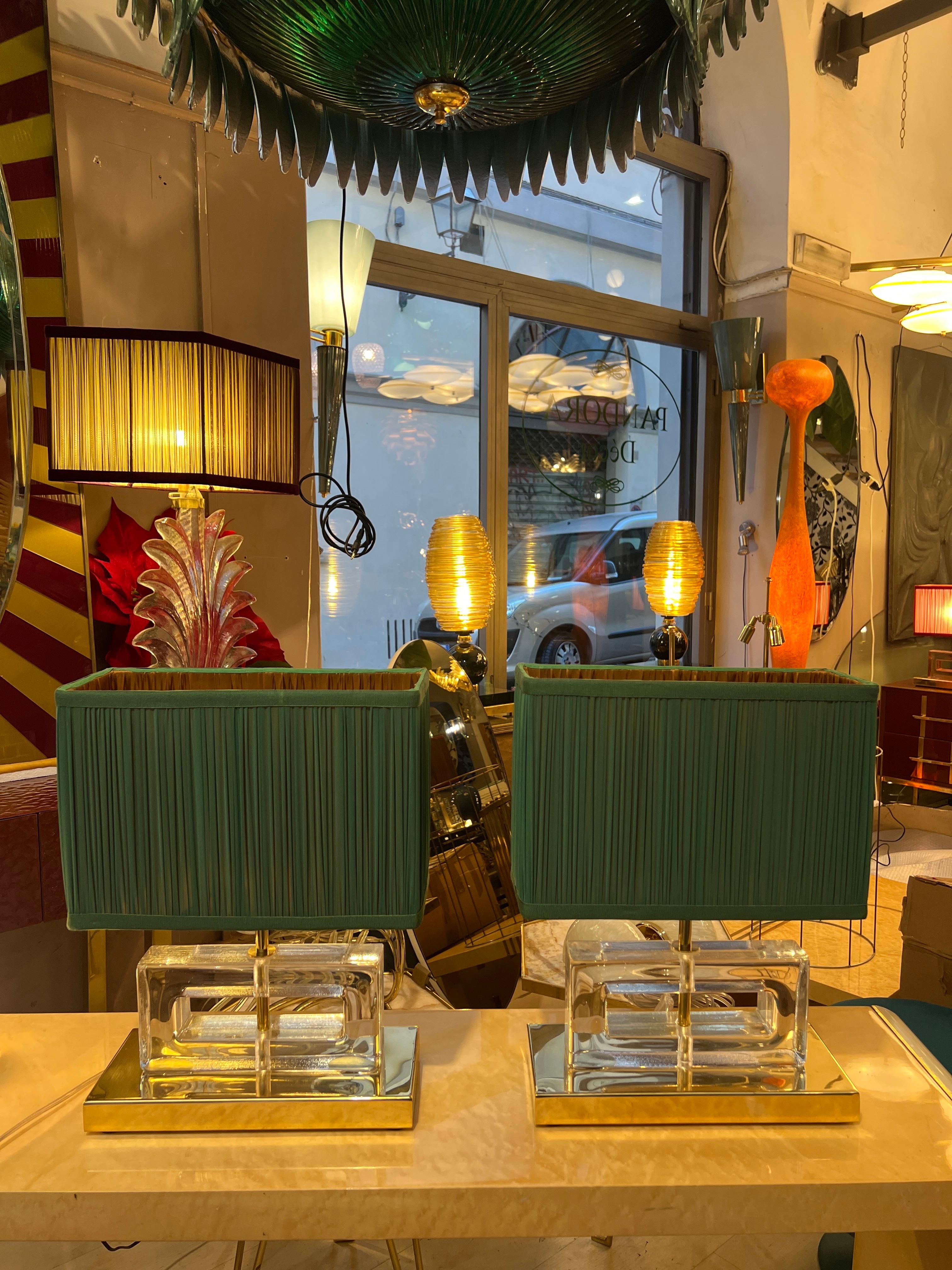 Pair of Clear Murano Glass Blocks Lamps with Our Green Lampshades, 1970s For Sale 5