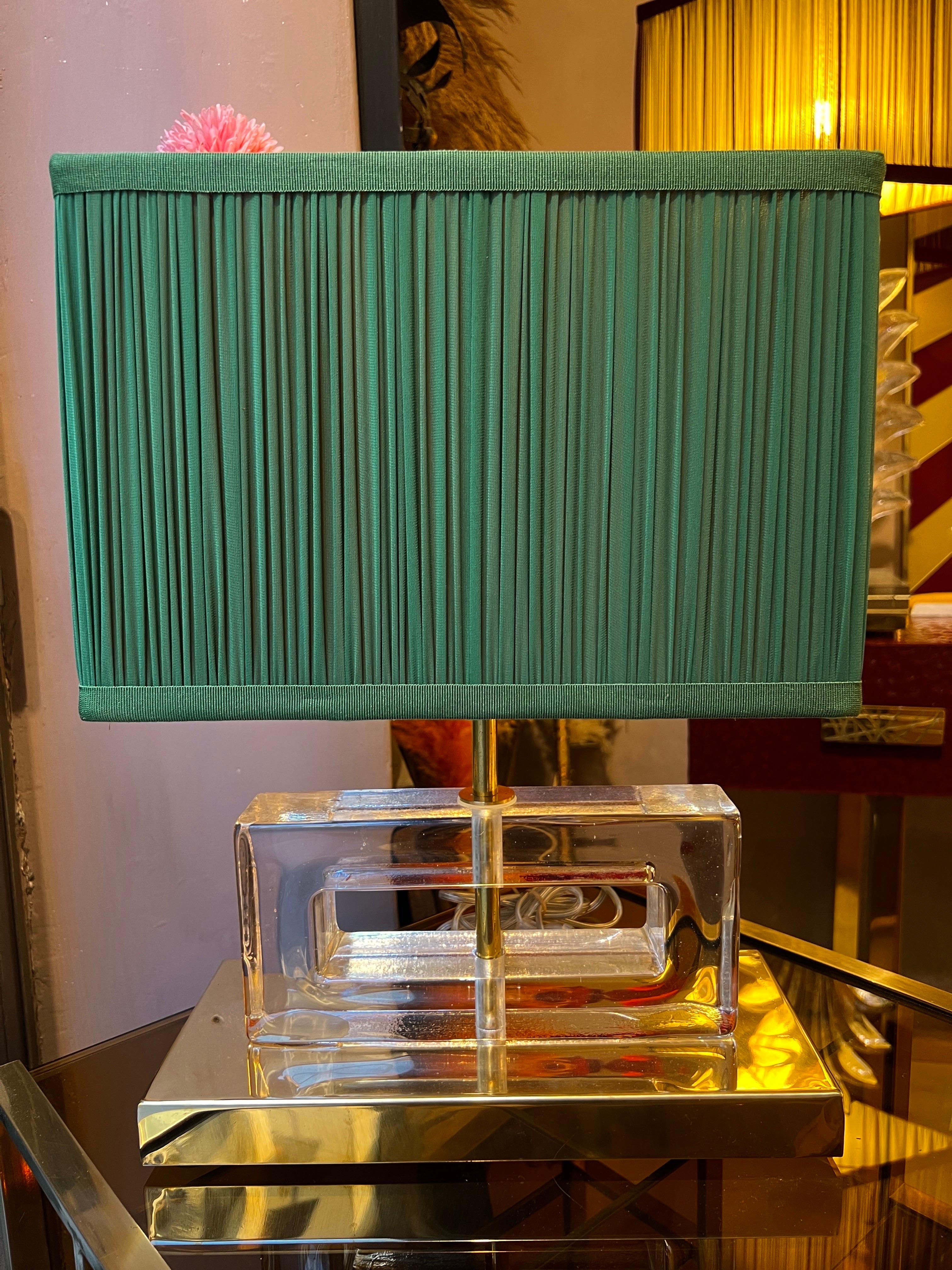 Pair of Clear Murano Glass Blocks Lamps with Our Green Lampshades, 1970s For Sale 6