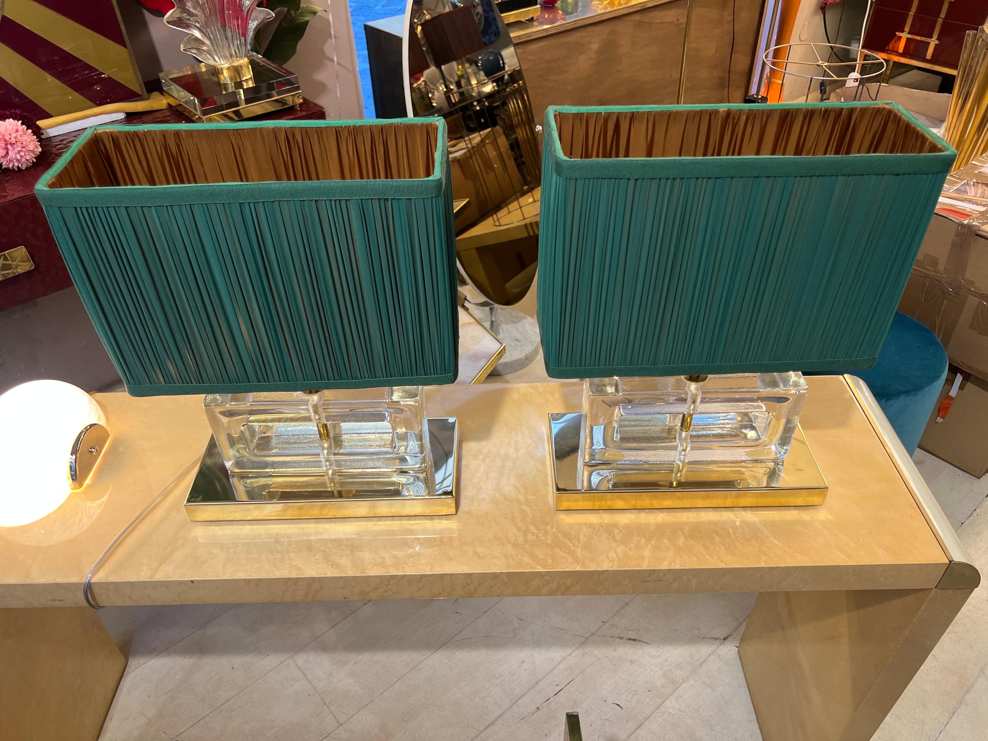 Pair of Clear Murano Glass Blocks Lamps with Our Green Lampshades, 1970s For Sale 7