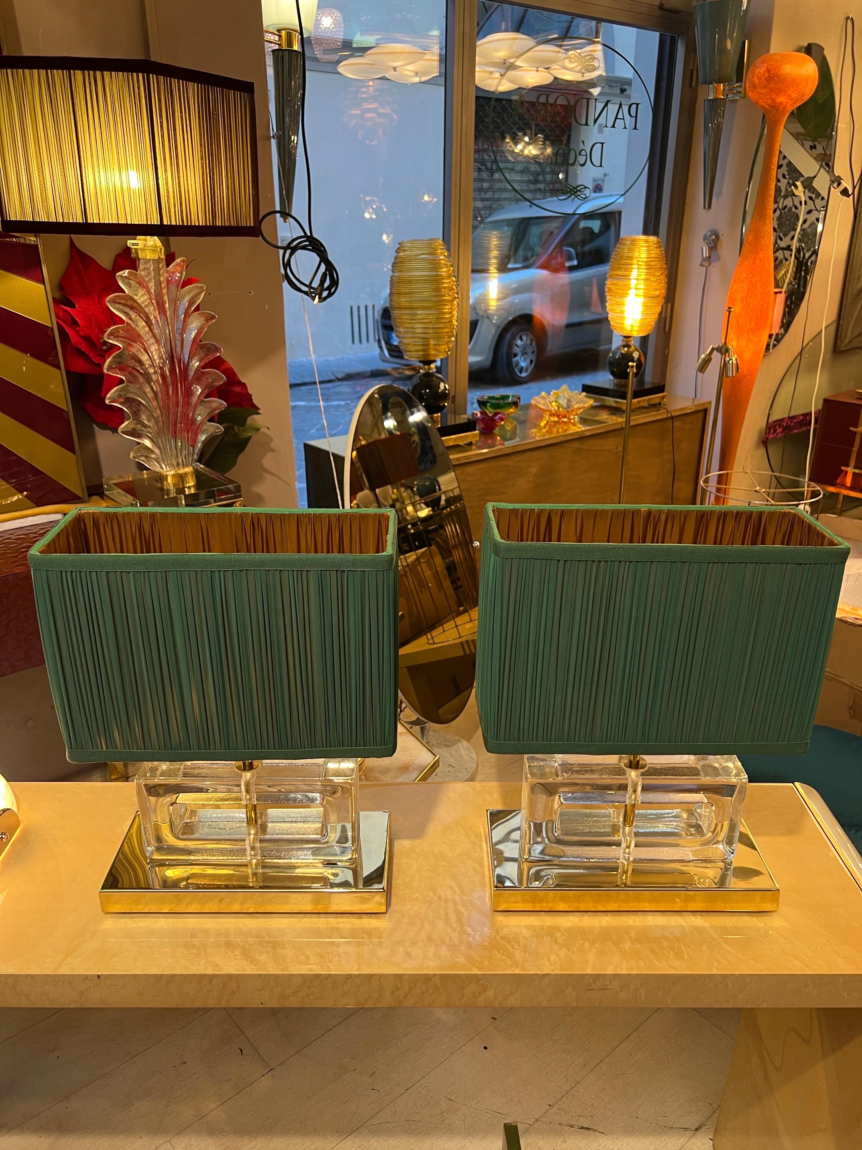 Pair of Clear Murano Glass Blocks Lamps with Our Green Lampshades, 1970s For Sale 8