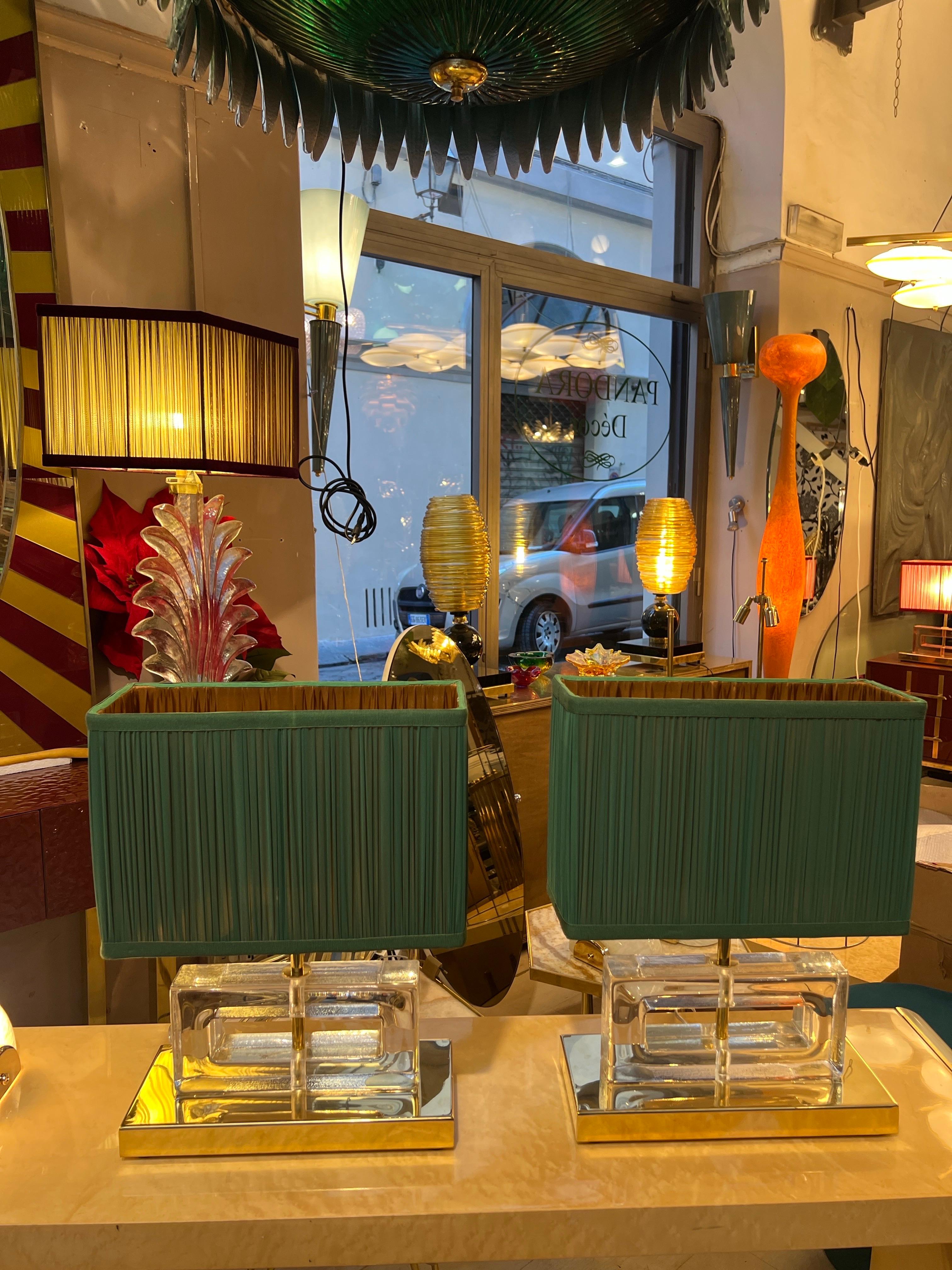 Pair of Clear Murano Glass Blocks Lamps with Our Green Lampshades, 1970s For Sale 9