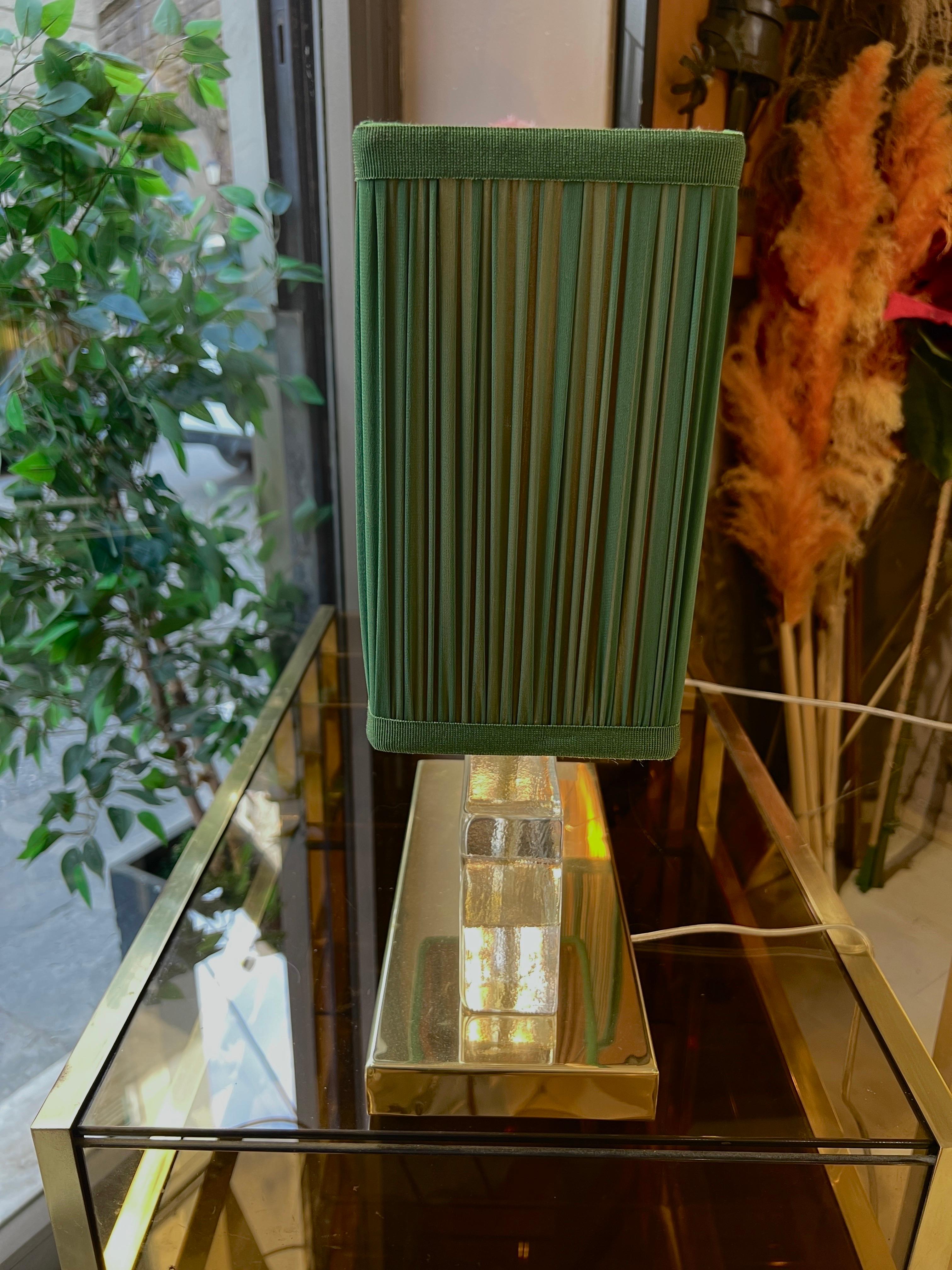 Pair of Clear Murano Glass Blocks Lamps with Our Green Lampshades, 1970s For Sale 11