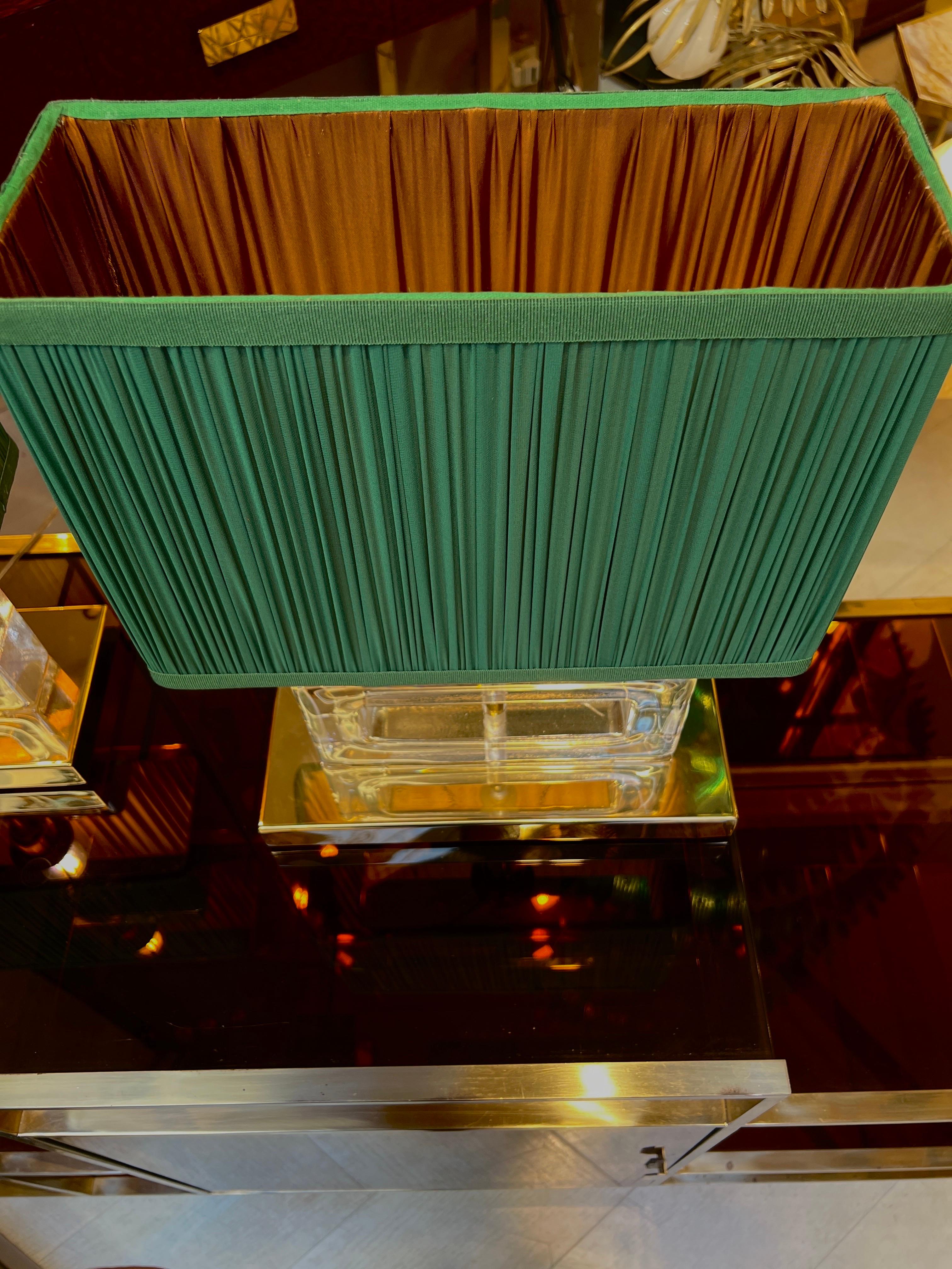 Pair of Clear Murano Glass Blocks Lamps with Our Green Lampshades, 1970s For Sale 12