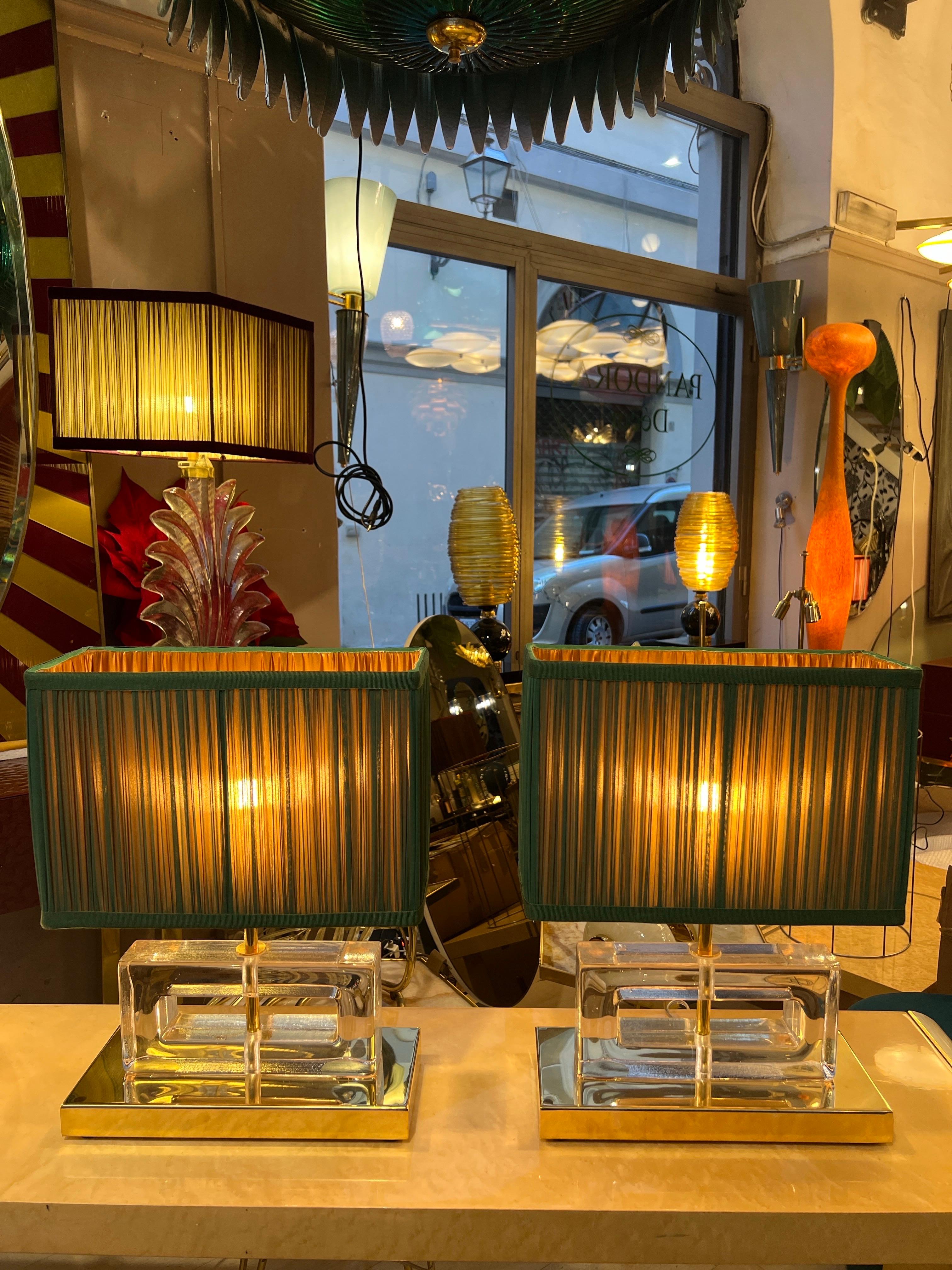 Modern Pair of Clear Murano Glass Blocks Lamps with Our Green Lampshades, 1970s For Sale