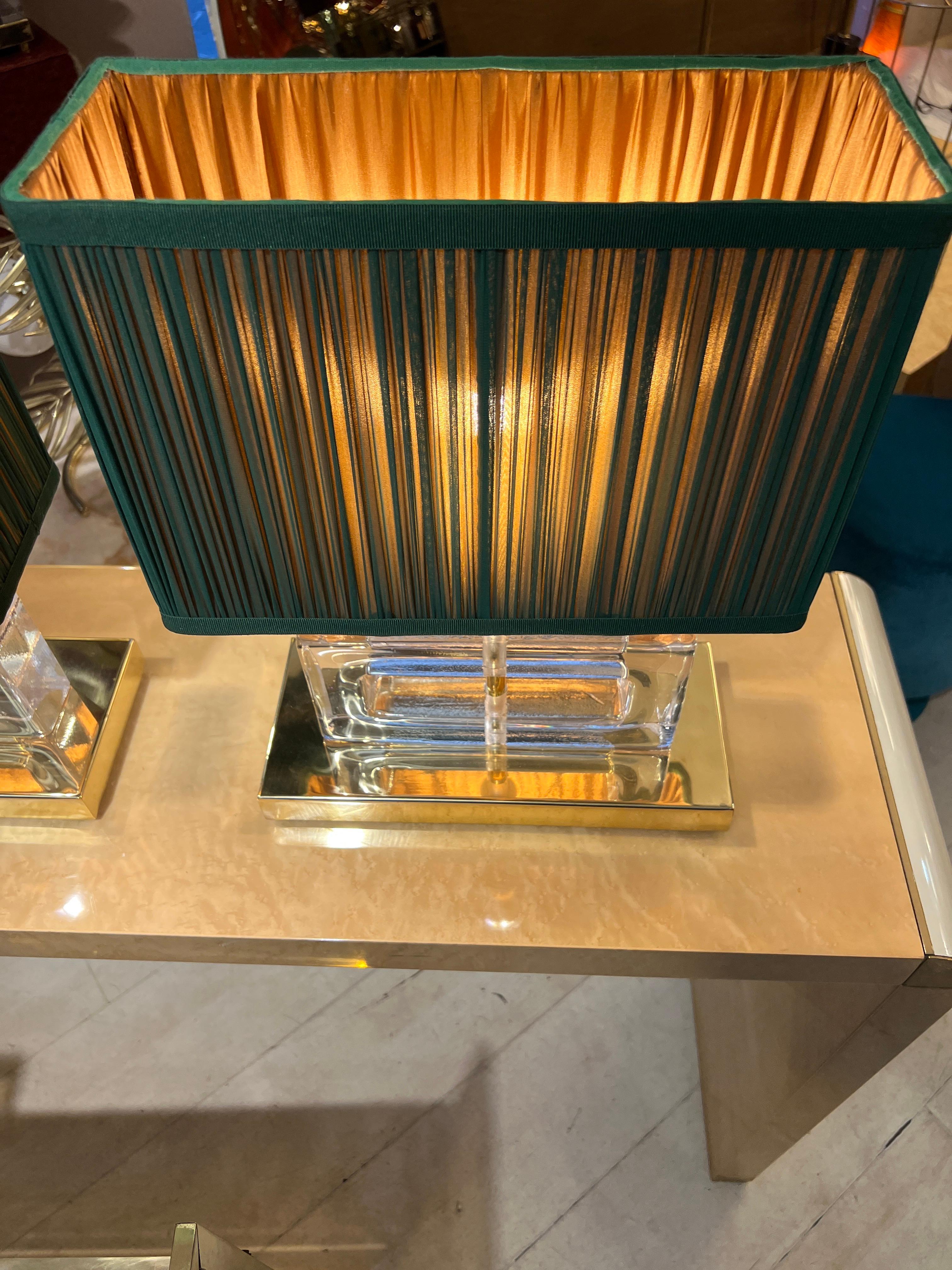 Pair of Clear Murano Glass Blocks Lamps with Our Green Lampshades, 1970s In Excellent Condition For Sale In Florence, IT