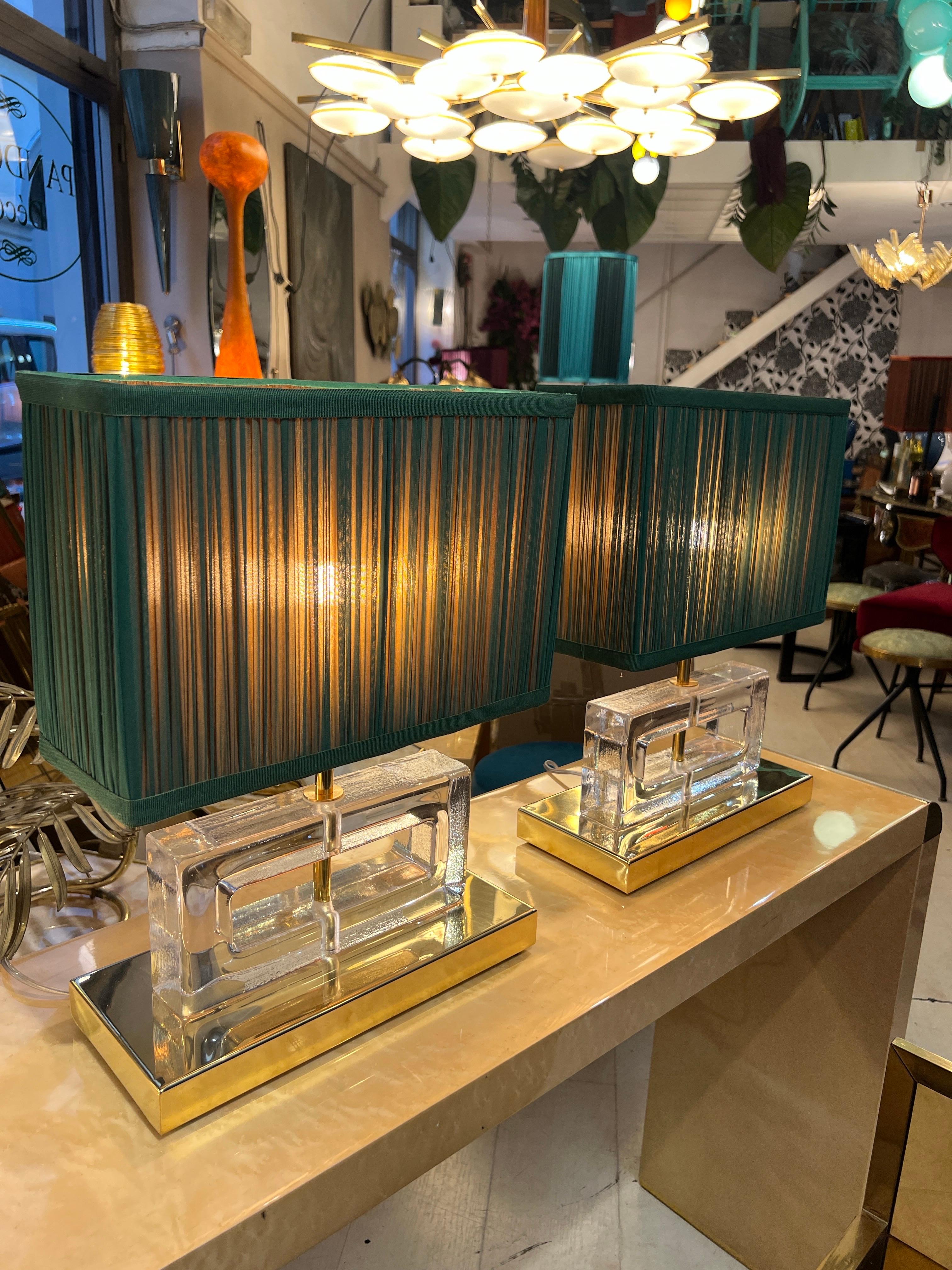 Late 20th Century Pair of Clear Murano Glass Blocks Lamps with Our Green Lampshades, 1970s For Sale