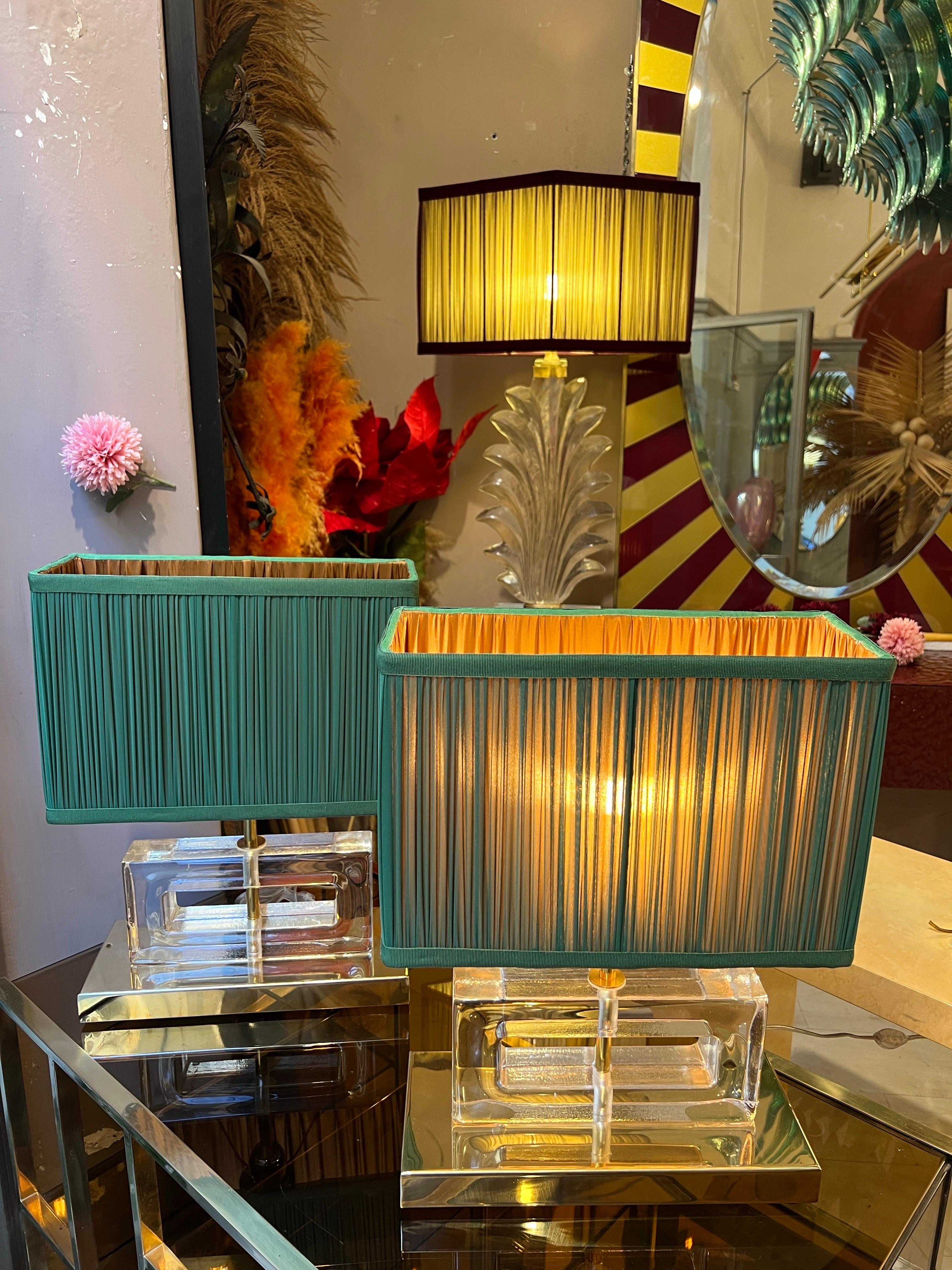 Brass Pair of Clear Murano Glass Blocks Lamps with Our Green Lampshades, 1970s For Sale