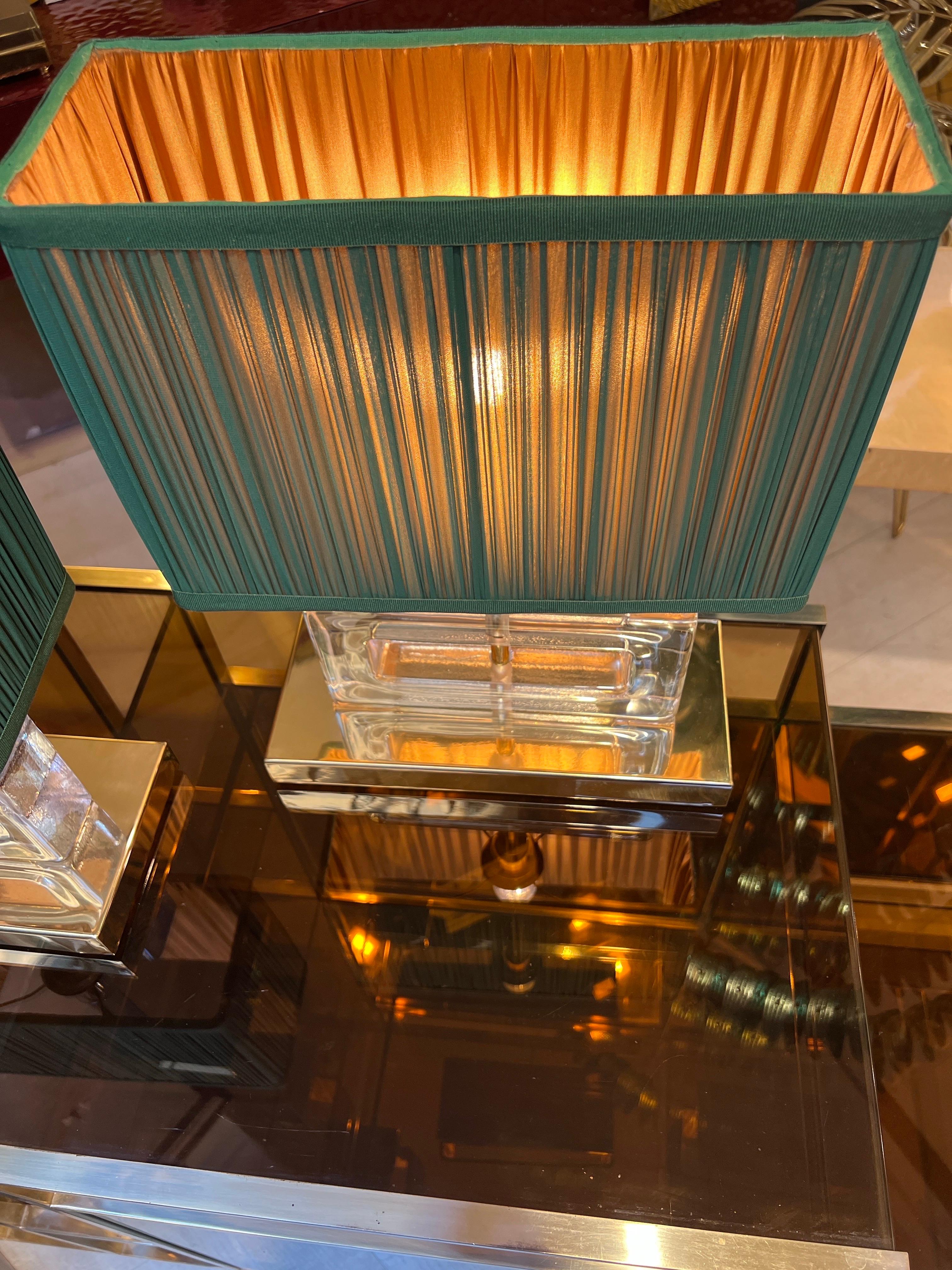 Pair of Clear Murano Glass Blocks Lamps with Our Green Lampshades, 1970s For Sale 2