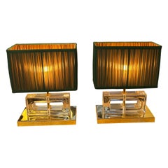 Used Pair of Clear Murano Glass Blocks Lamps with Our Green Lampshades, 1970s