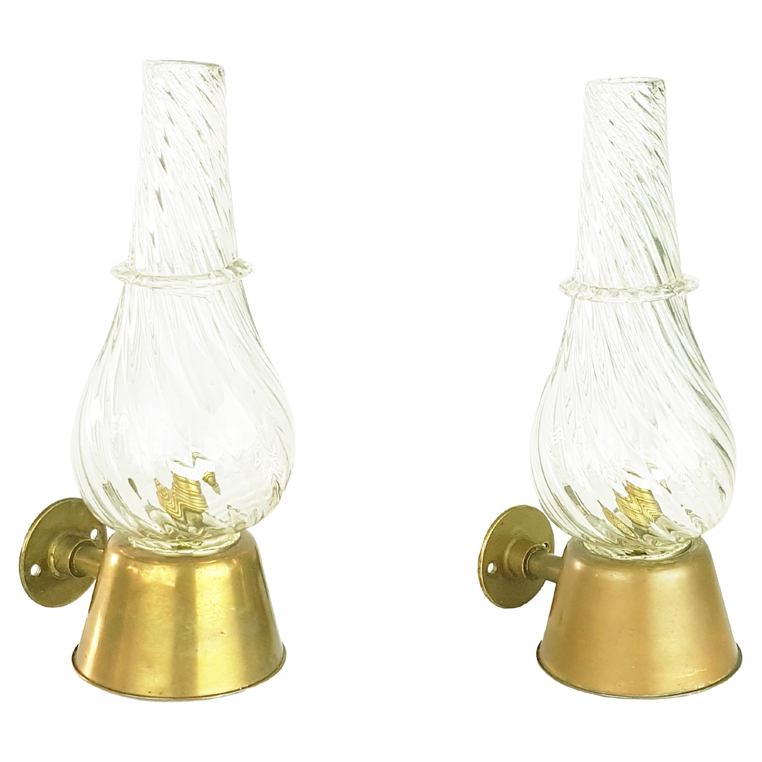 Pair of Clear Murano Glass & Brass Midcentury Sconces by Seguso For Sale