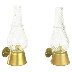 Pair of Clear Murano Glass & Brass Mid-Century Sconces by Seguso