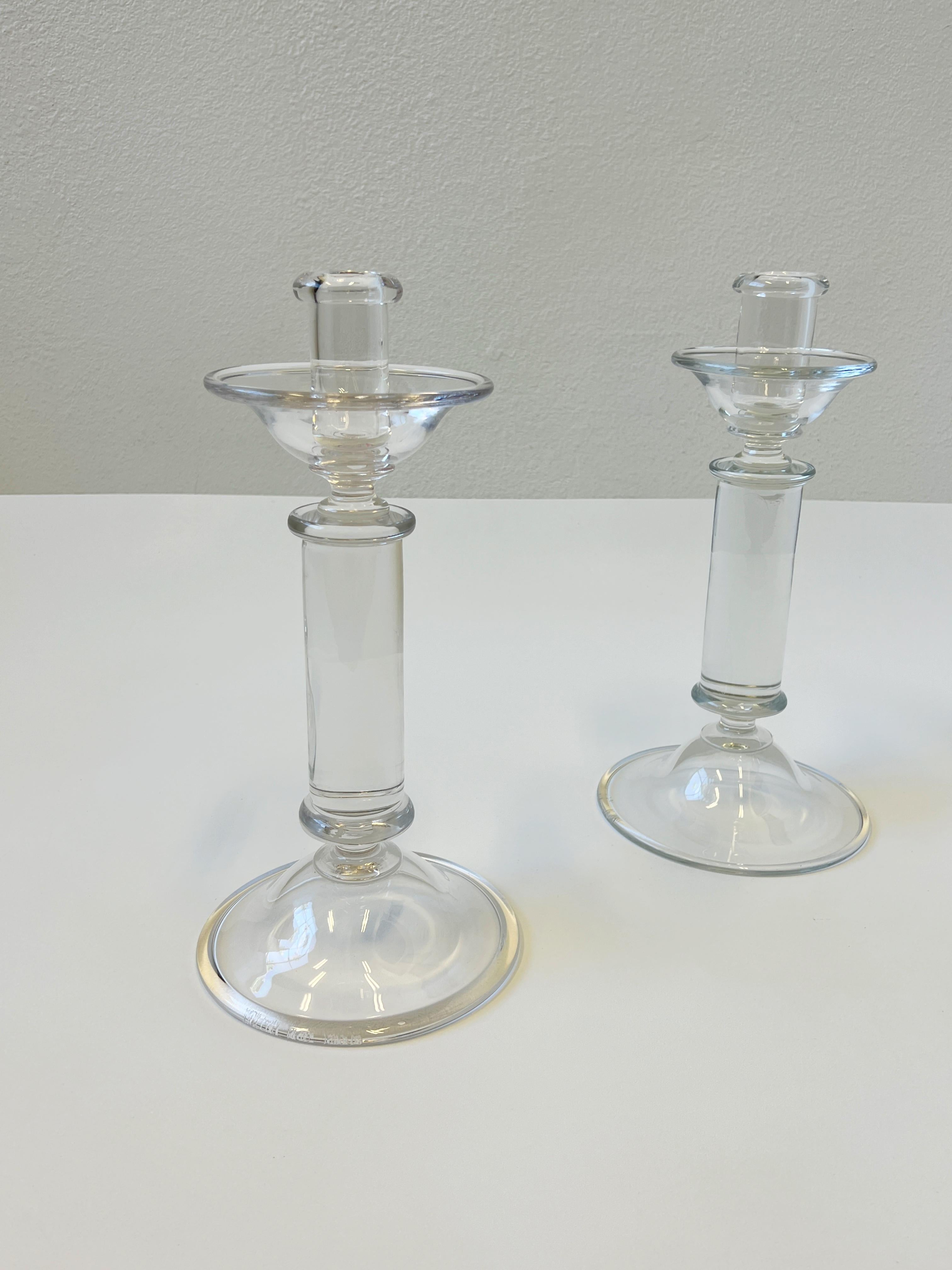 1980’s large pair of Italian clear Murano glass by Archimede Seguso. 
Both candle holders are signed ‘Archimede Seguso Murano’(see detail photos). 
Measurements: 7.75” Diameter, 13” High.