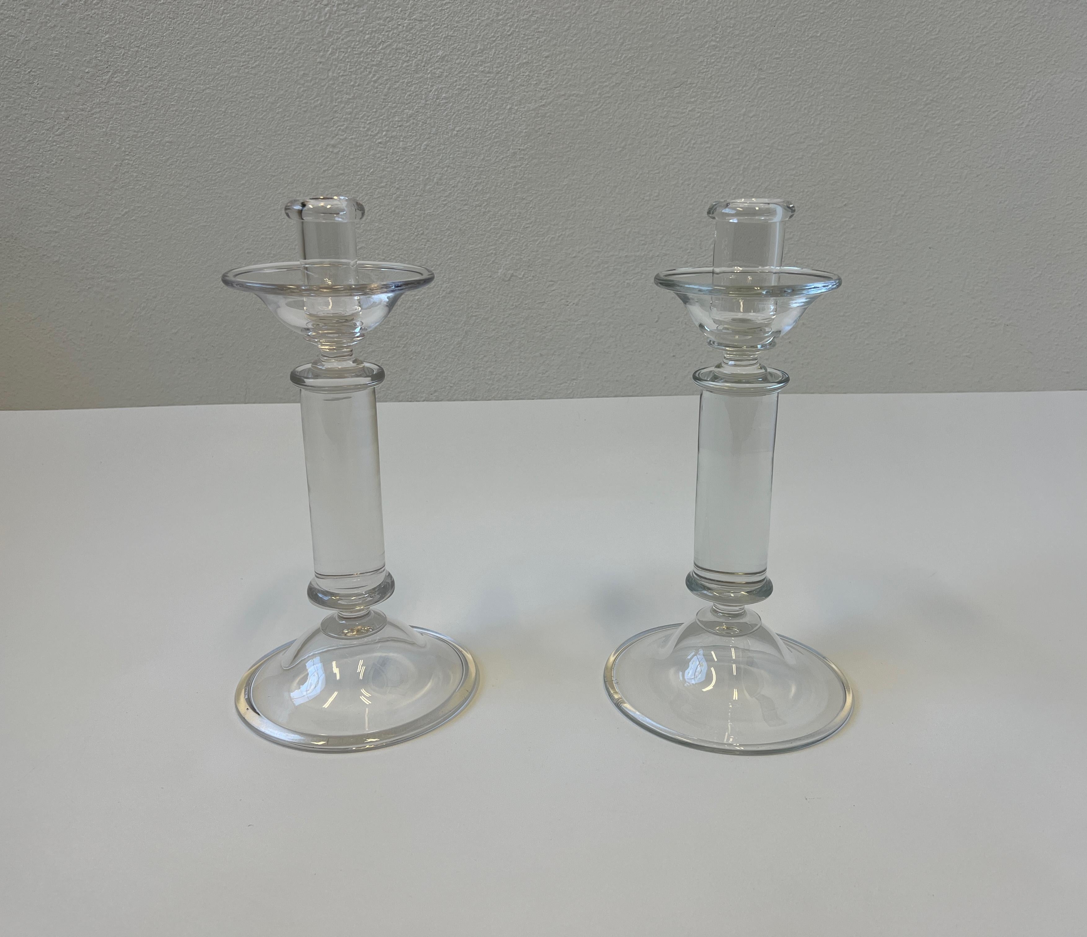 Late 20th Century Pair of Clear Murano Glass Candle Holders by Archimede Seguso For Sale