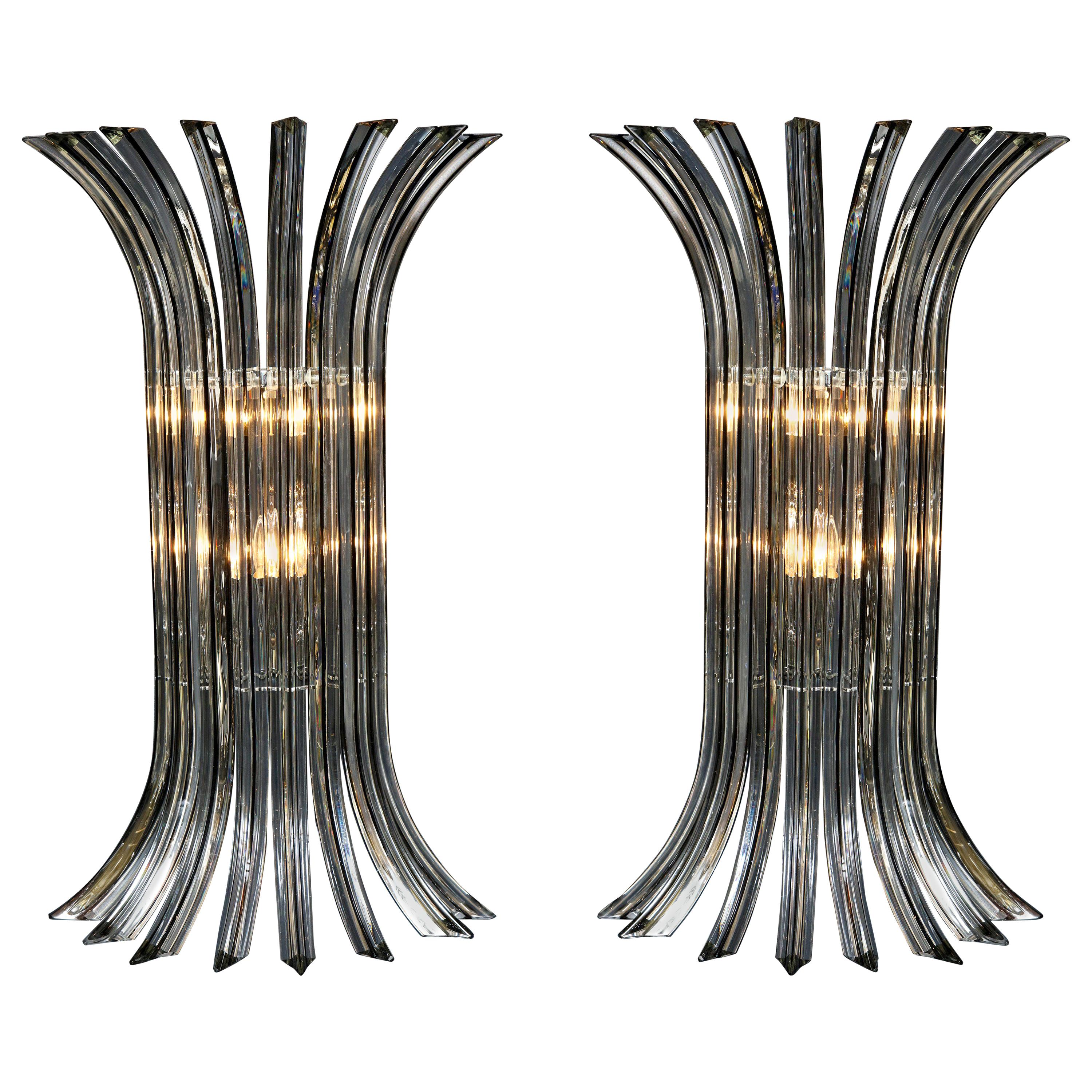 Pair of Large Clear Murano Glass Rod Sconces with Black Vein and Chrome, Italy For Sale 4