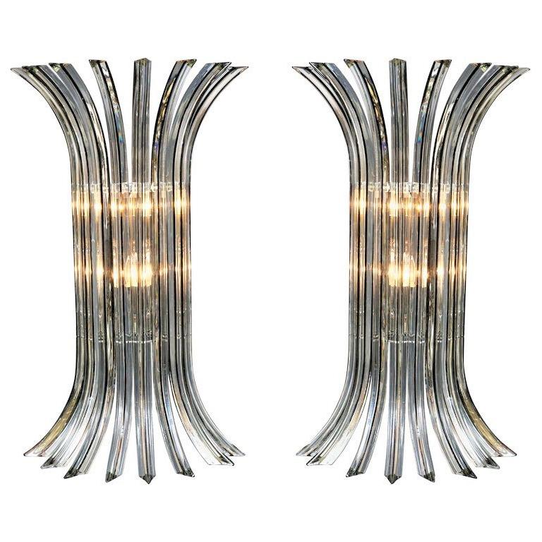 Pair of Large Clear Murano Glass Rod Sconces with Black Vein and Chrome, Italy
