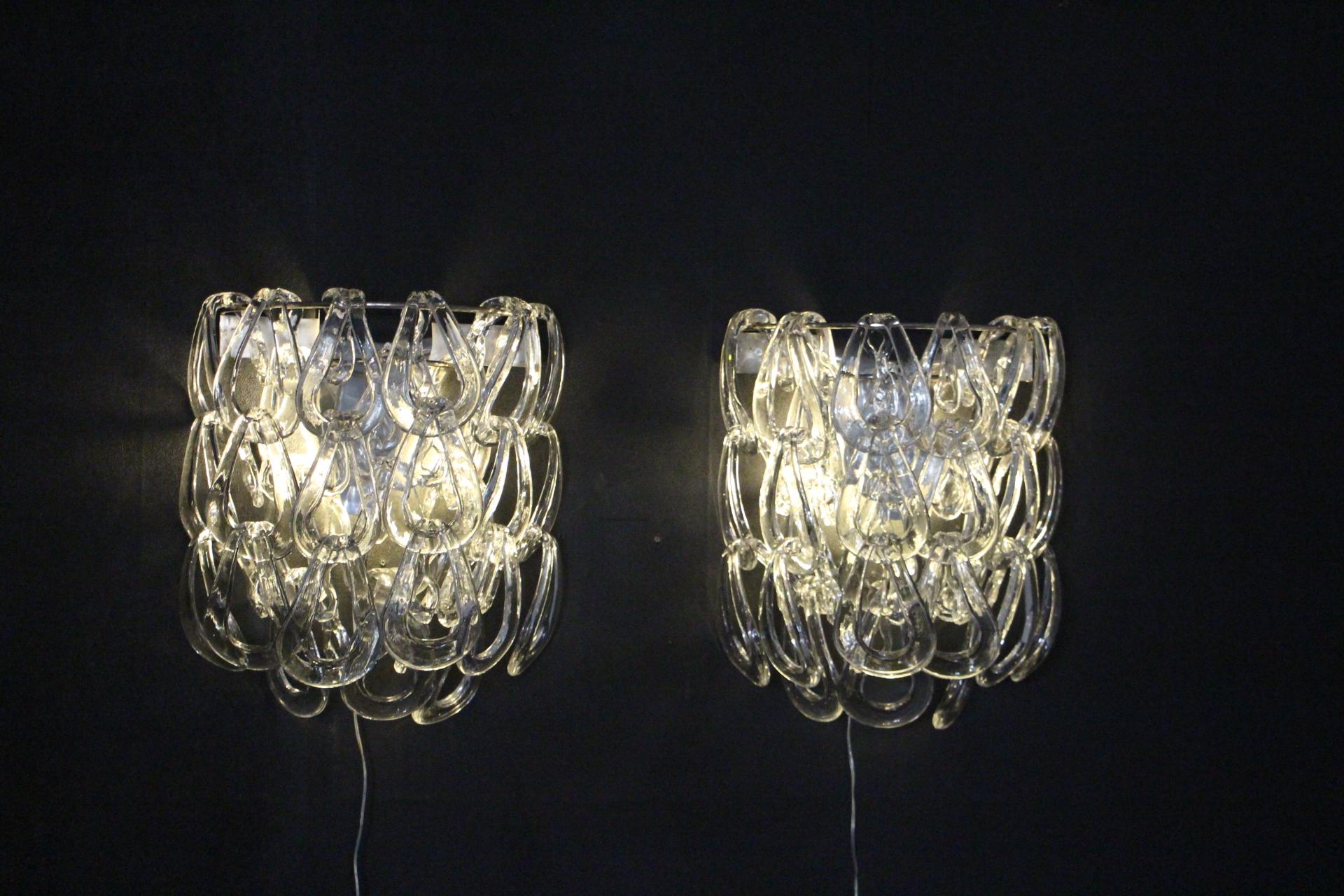 Pair of Clear Murano Glass Sconces by Angelo Mangiarotti for Vistosi, Wall Light For Sale 5