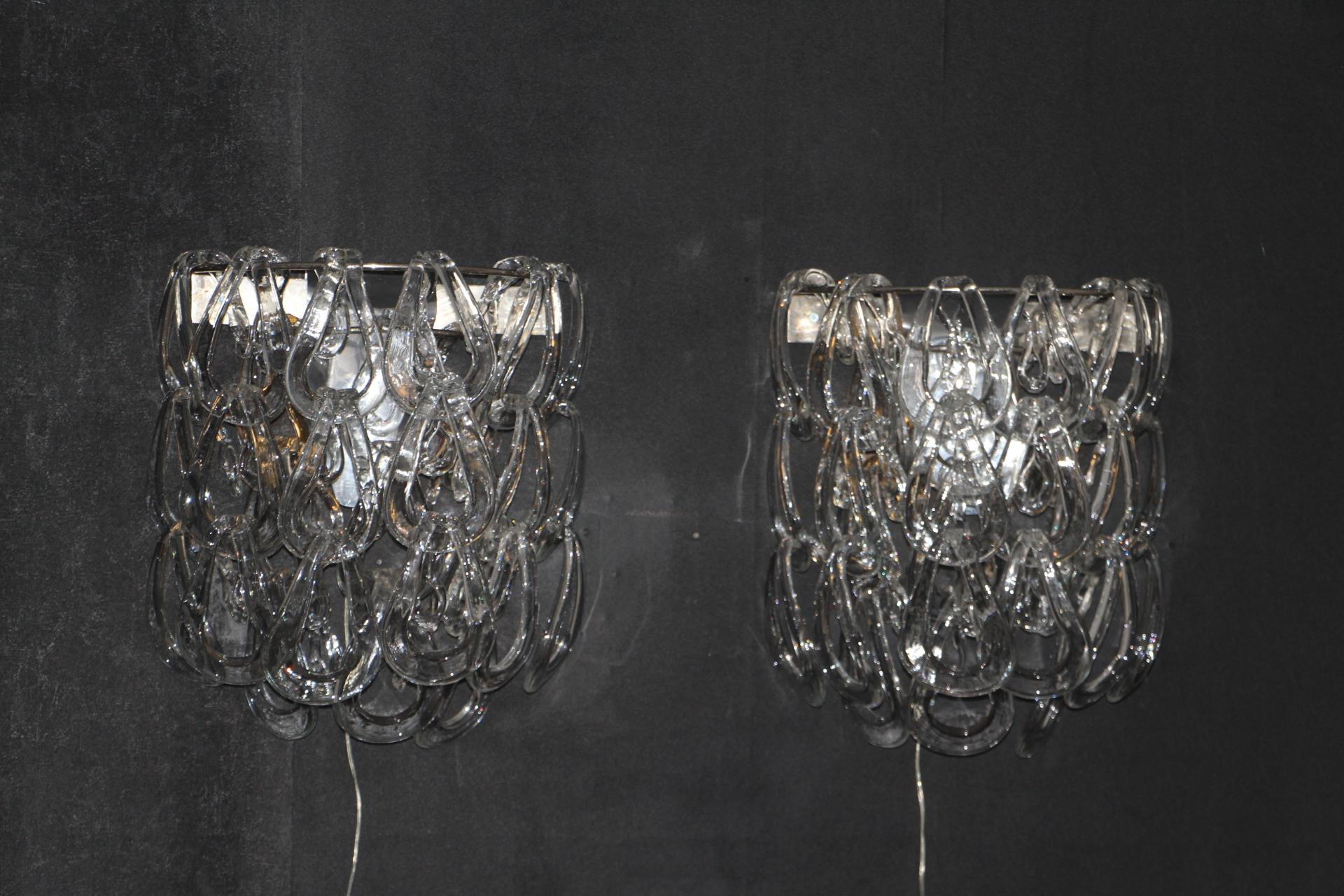 Pair of Clear Murano Glass Sconces by Angelo Mangiarotti for Vistosi, Wall Light For Sale 6