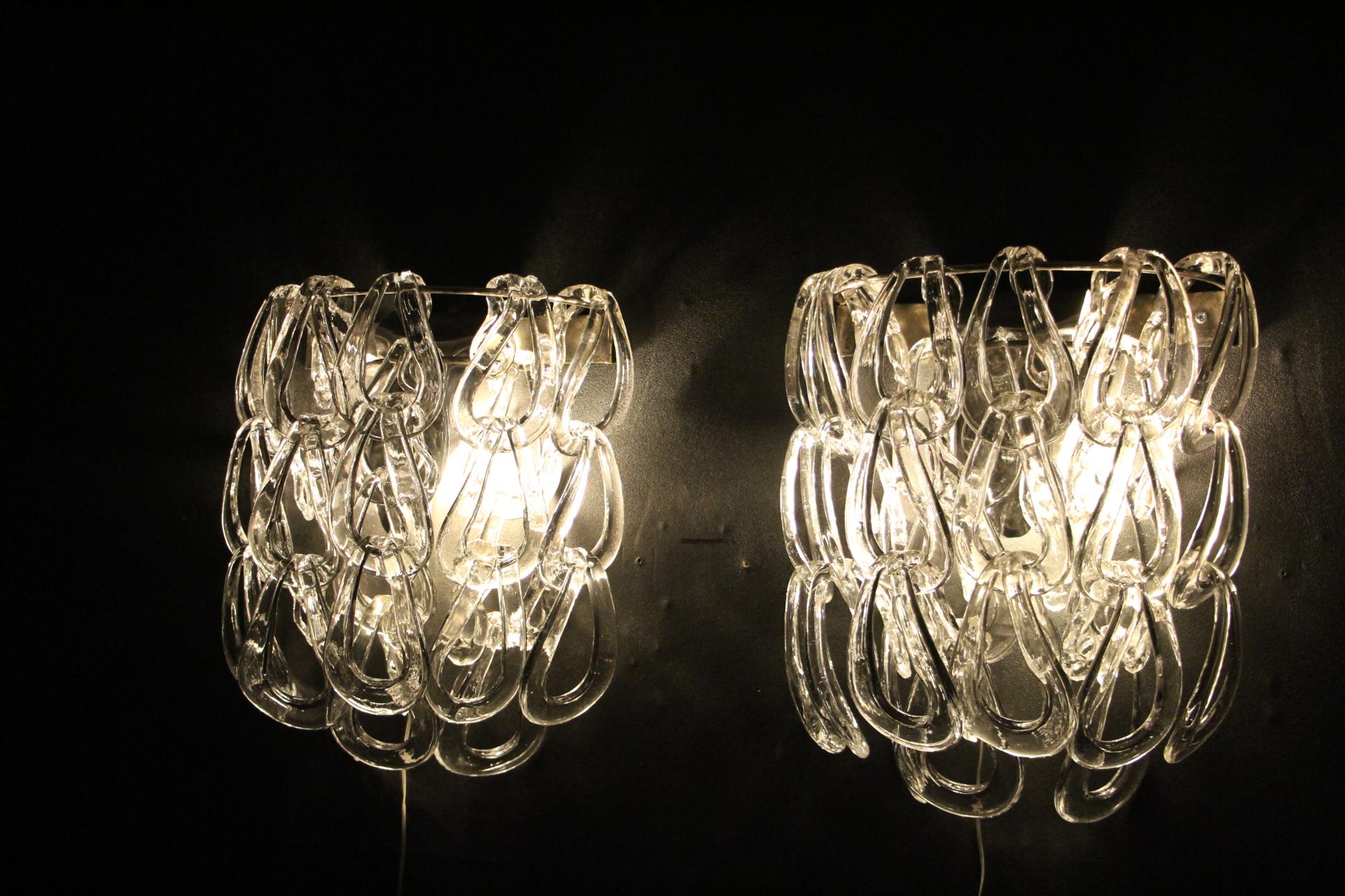 Pair of Clear Murano Glass Sconces by Angelo Mangiarotti for Vistosi, Wall Light For Sale 7