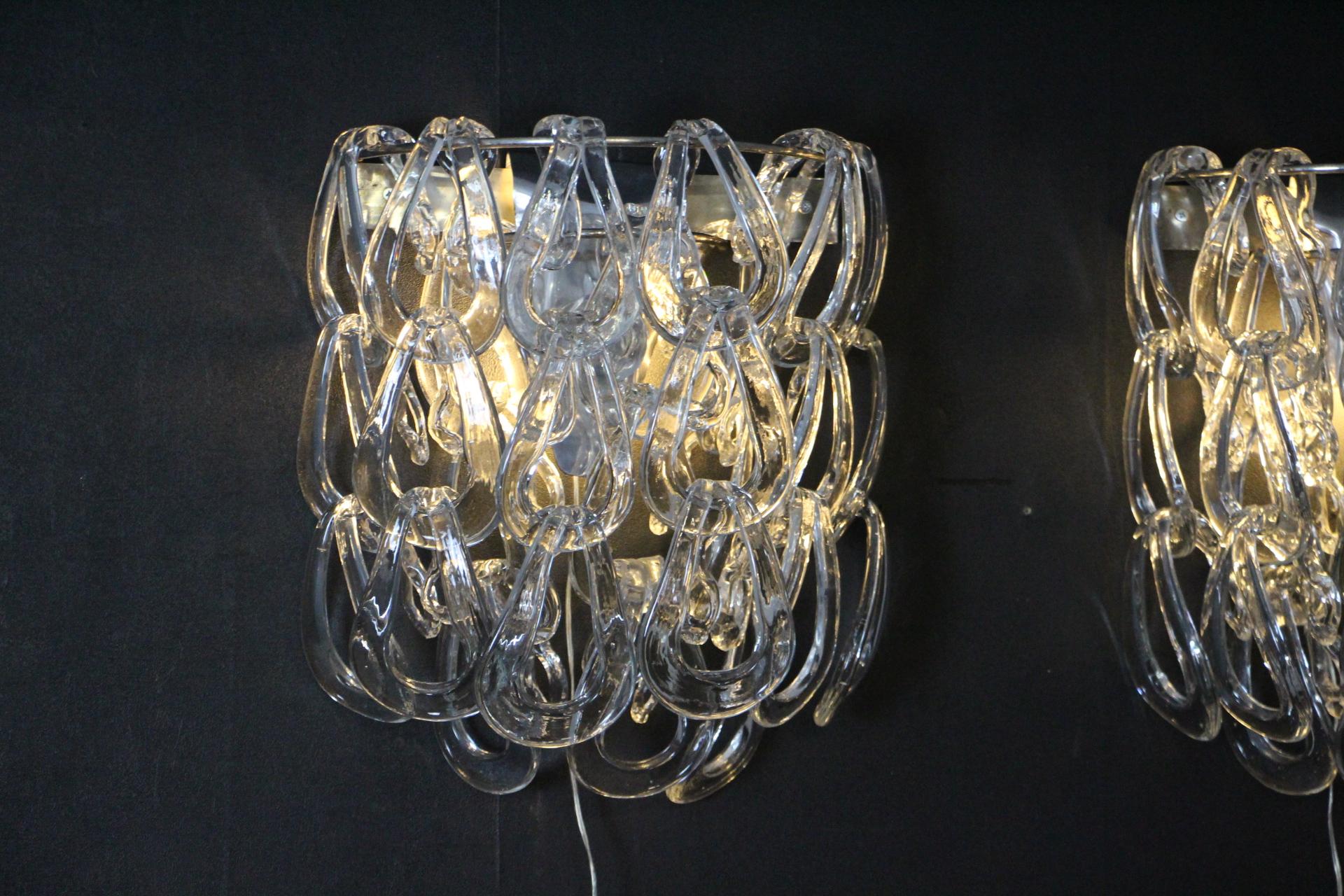 Pair of Clear Murano Glass Sconces by Angelo Mangiarotti for Vistosi, Wall Light For Sale 8