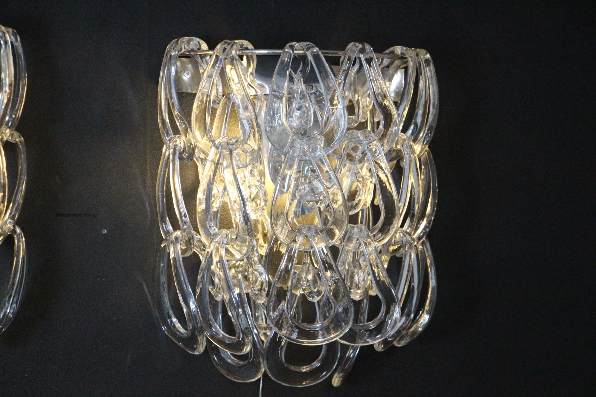 Pair of Clear Murano Glass Sconces by Angelo Mangiarotti for Vistosi, Wall Light For Sale 10