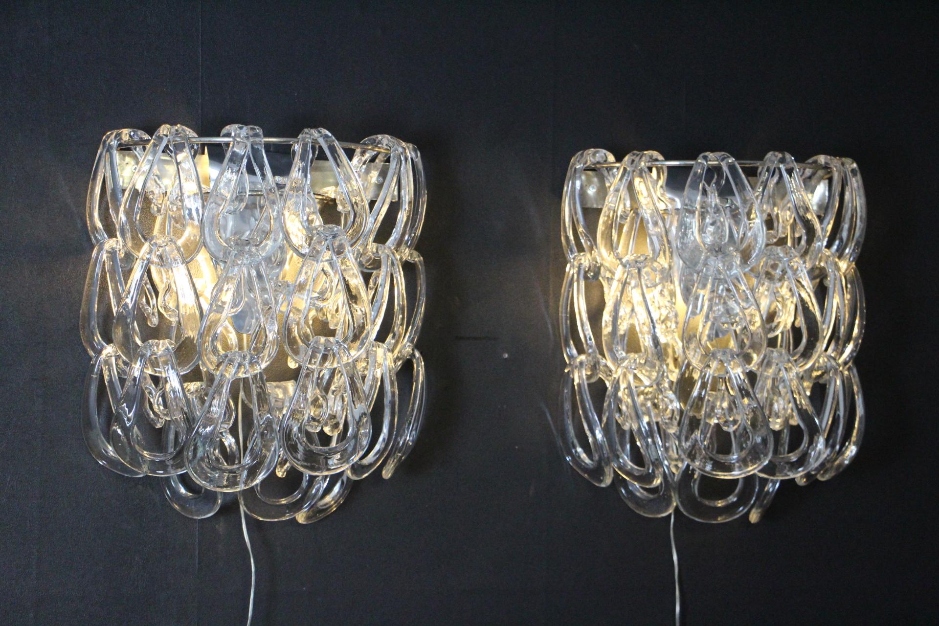 Pair of Clear Murano Glass Sconces by Angelo Mangiarotti for Vistosi, Wall Light For Sale 11