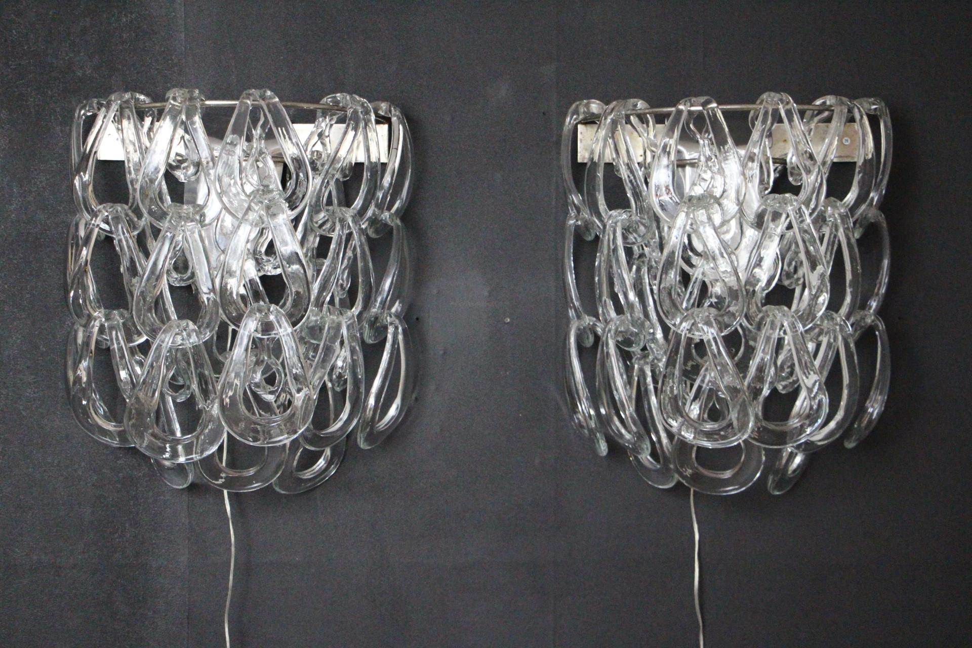 Mid-Century Modern Pair of Clear Murano Glass Sconces by Angelo Mangiarotti for Vistosi, Wall Light For Sale