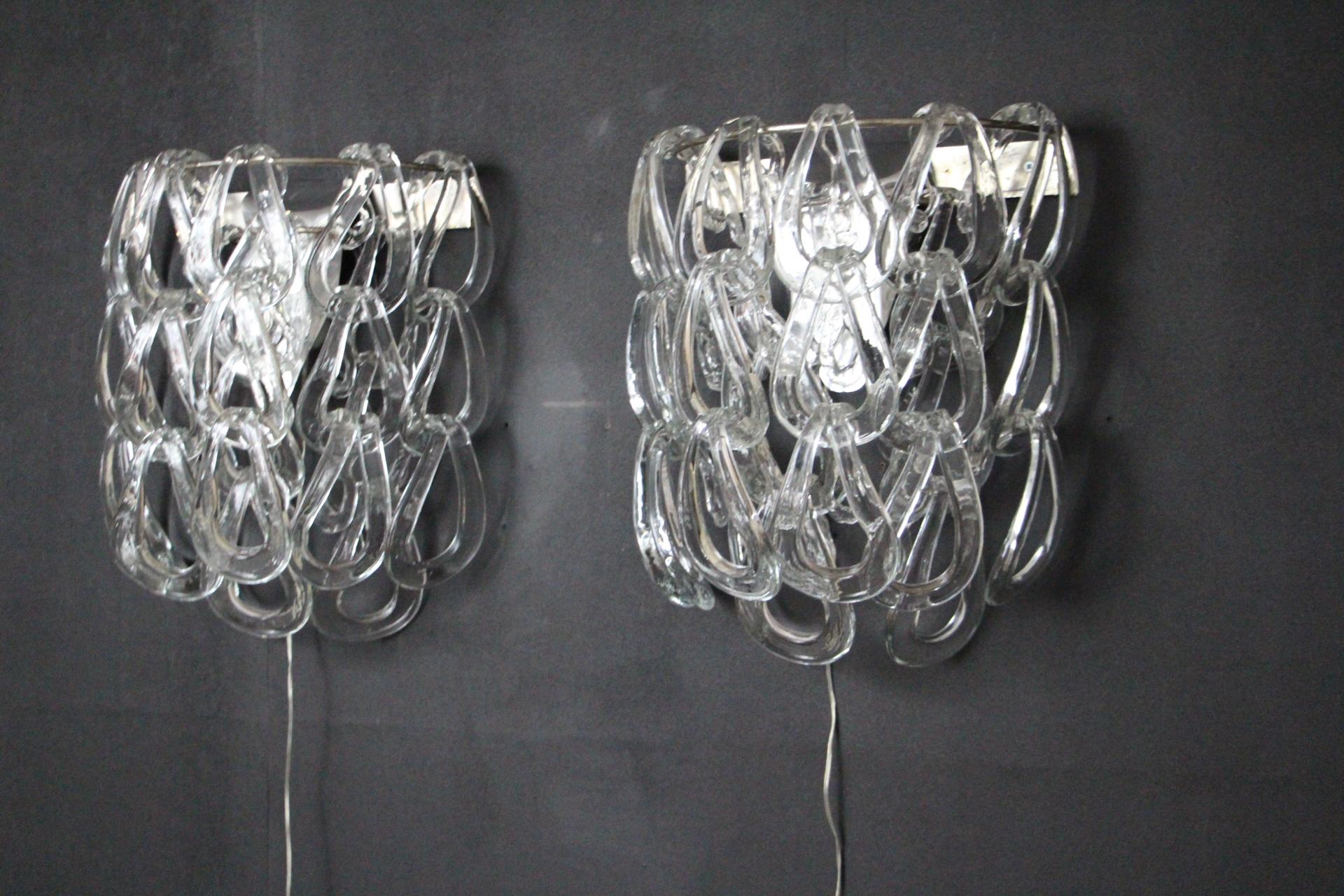 Italian Pair of Clear Murano Glass Sconces by Angelo Mangiarotti for Vistosi, Wall Light For Sale