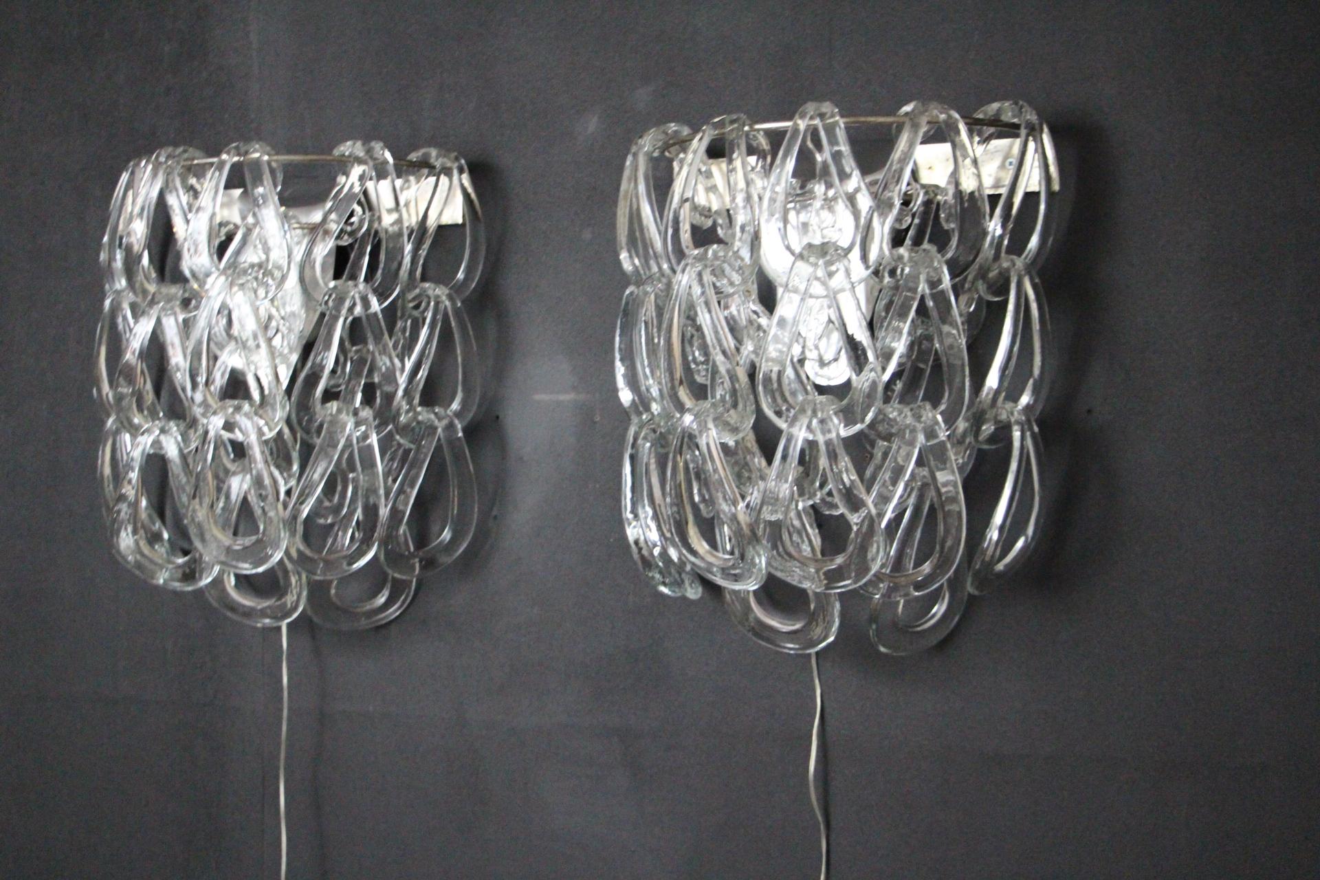 Italiano Coppia di applique in vetro di Murano trasparente di Angelo Mangiarotti per Vistosi, applique da parete in vendita