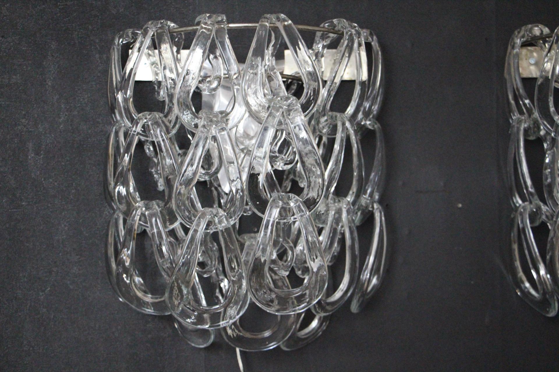 20th Century Pair of Clear Murano Glass Sconces by Angelo Mangiarotti for Vistosi, Wall Light For Sale