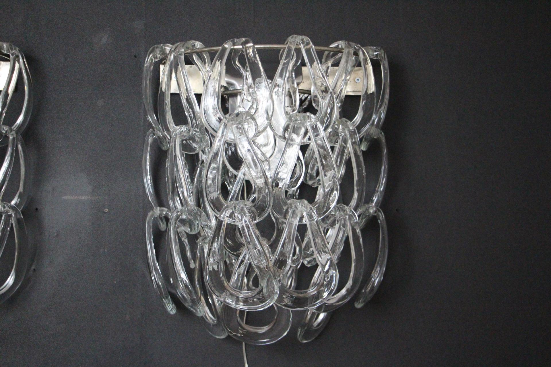 Pair of Clear Murano Glass Sconces by Angelo Mangiarotti for Vistosi, Wall Light For Sale 1