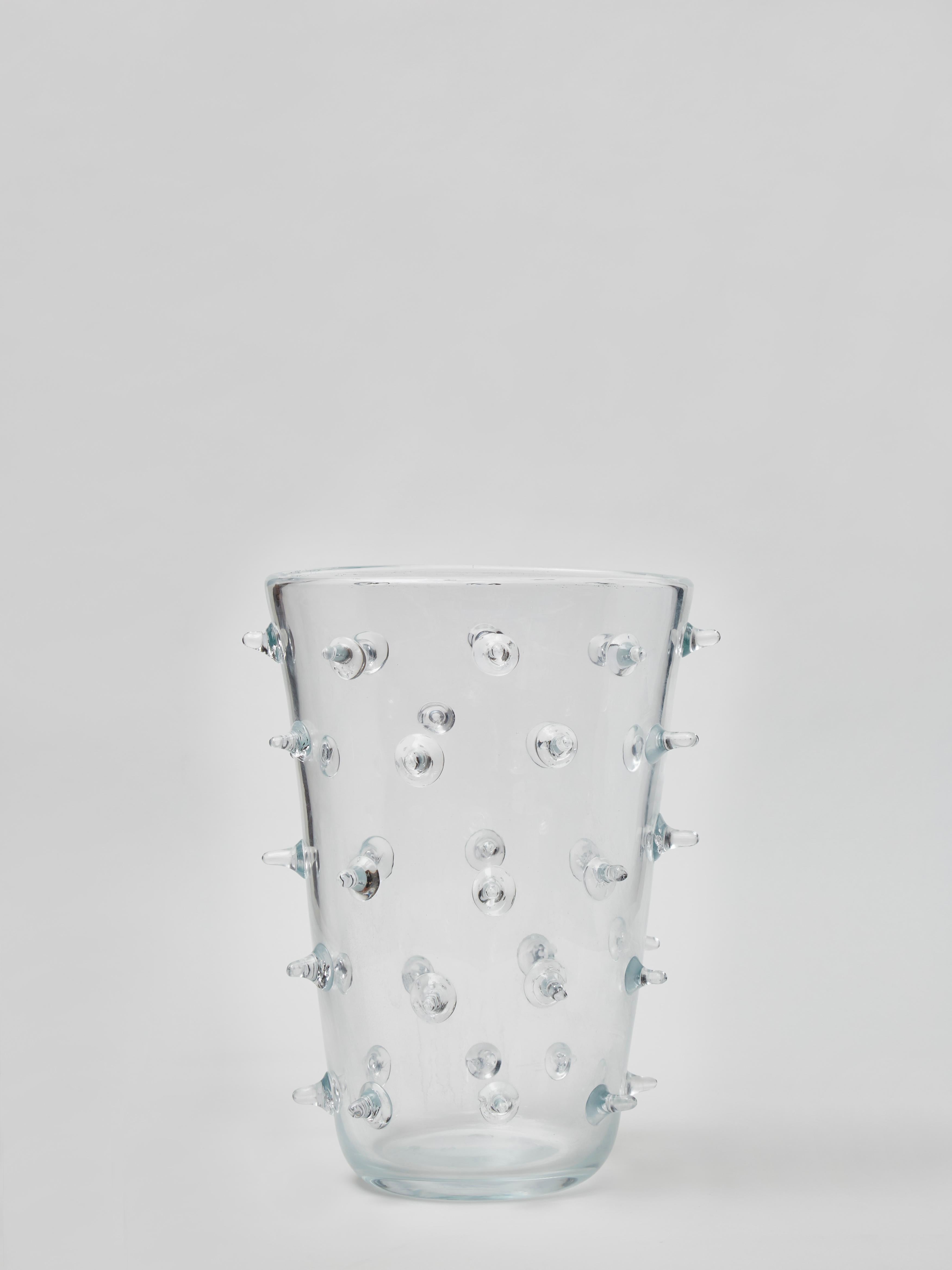 Pair of clear Murano glass wide vases with spikes on the surfaces.