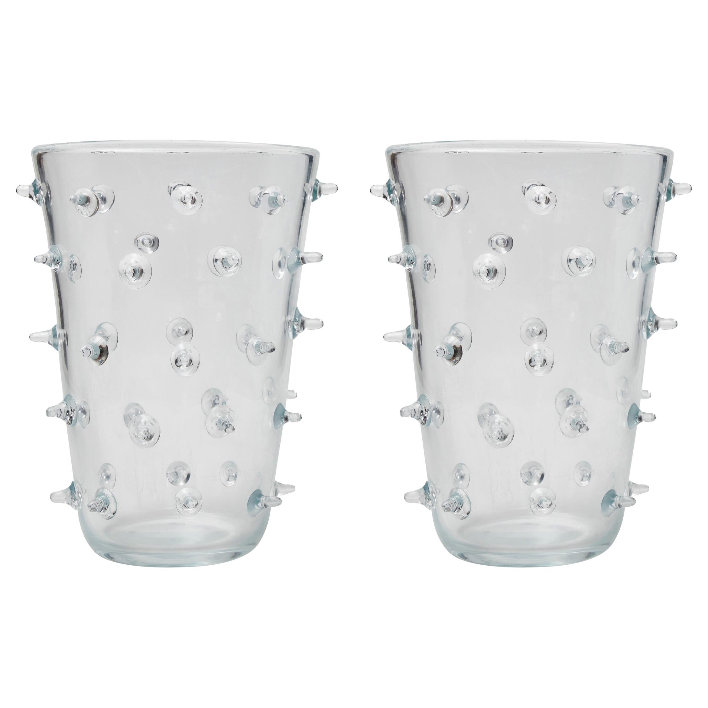 Pair of Clear Murano Glass Vases with Spikes