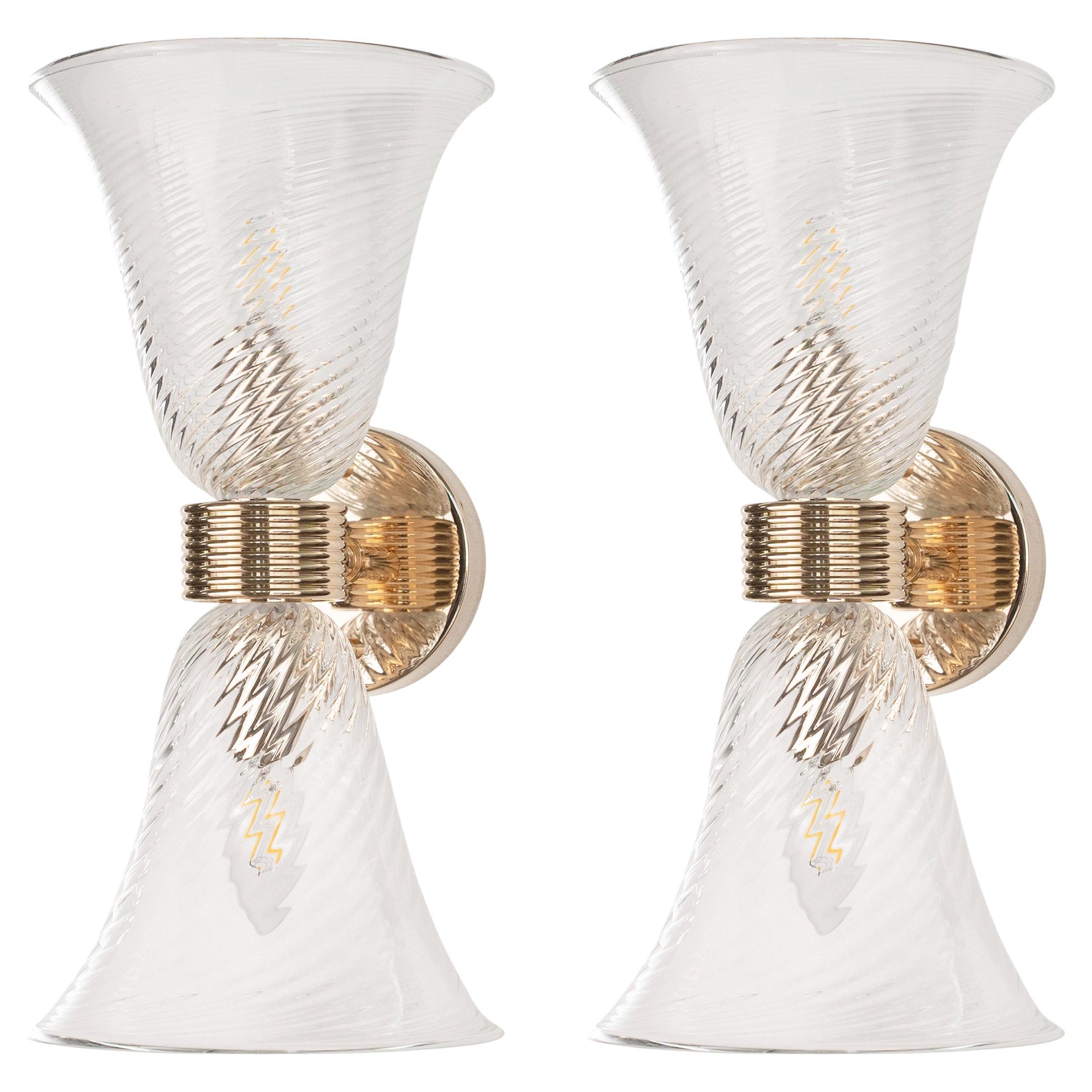 Pair of Clear Murano Glass Sconces polished gold Frame, Made in Italy, in stock