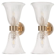 Pair of Clear Murano Glass Sconces polished gold Frame, Made in Italy, in stock