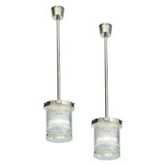 Pair of Clear Ribbed Glass Lanterns with Central Oculus Lens