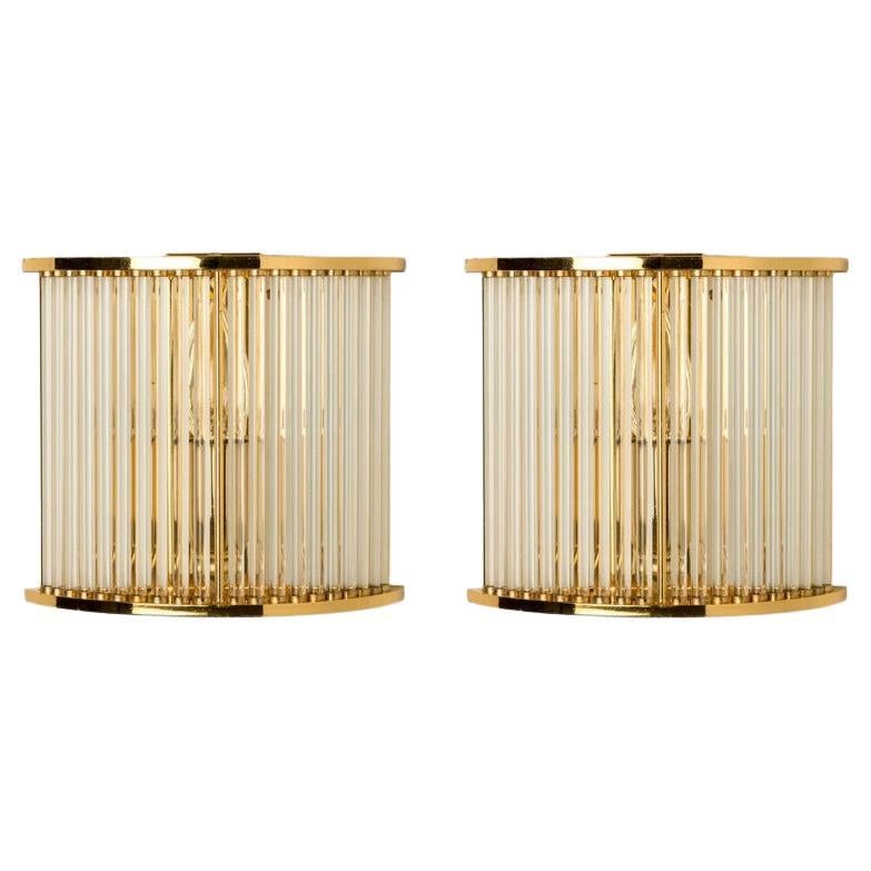 Pair of Clear Ridged Gold Glass Sconces in the style of Venini, Italy 1970 For Sale